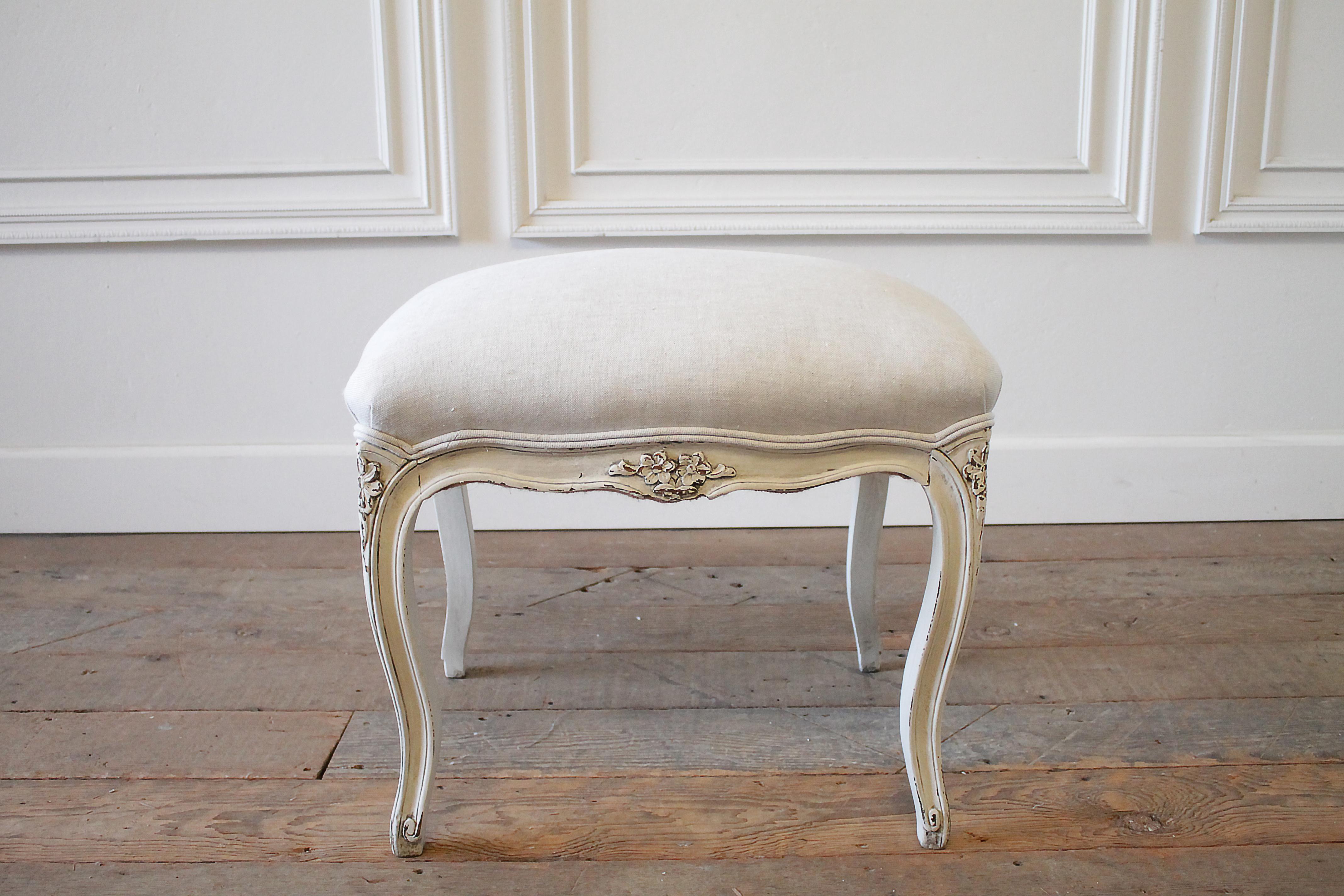 Painted French Provincial Style Chair and Ottoman Upholstered in Belgian Linen 3