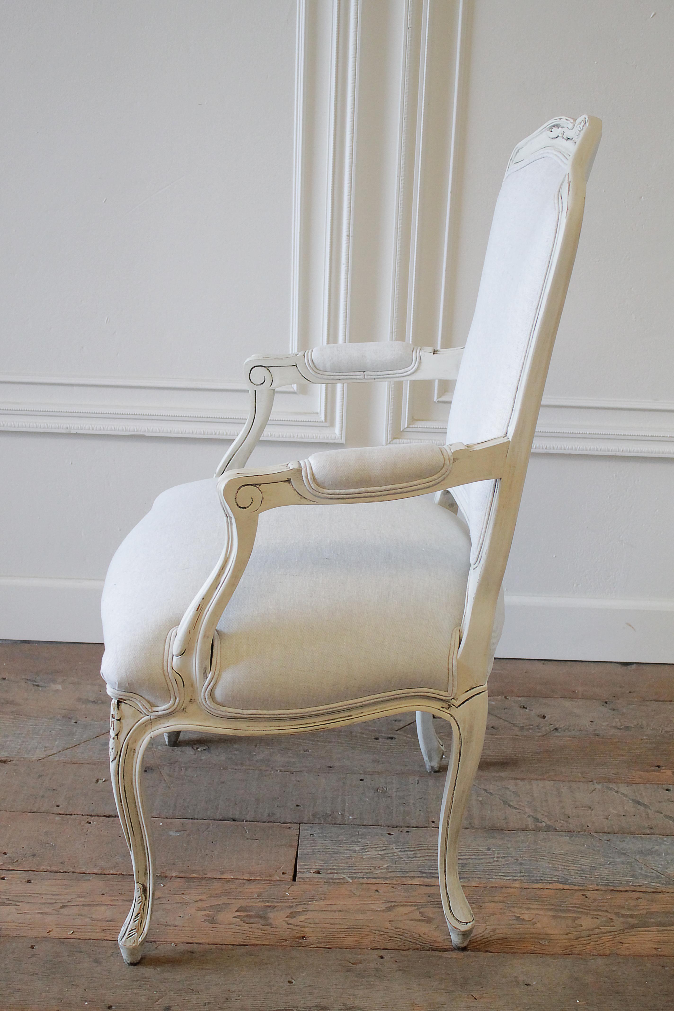 20th Century Painted French Provincial Style Chair and Ottoman Upholstered in Belgian Linen