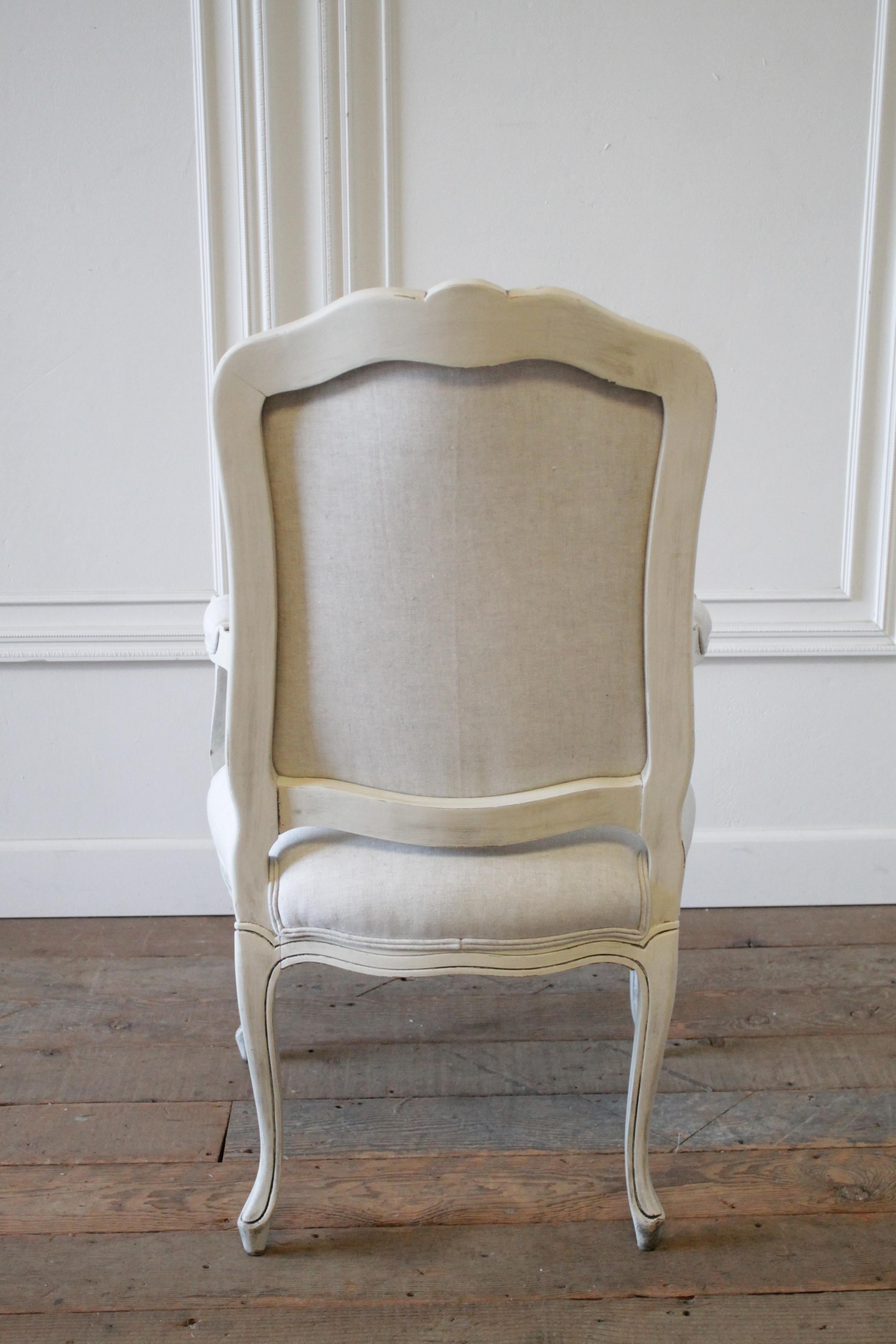 Painted French Provincial Style Chair and Ottoman Upholstered in Belgian Linen 1