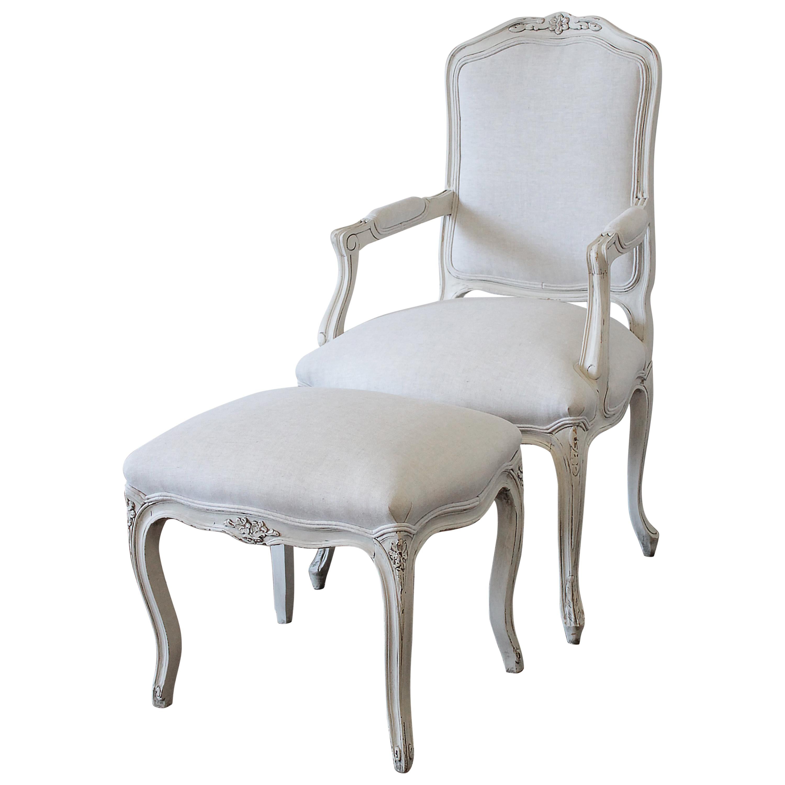 Painted French Provincial Style Chair and Ottoman Upholstered in Belgian Linen