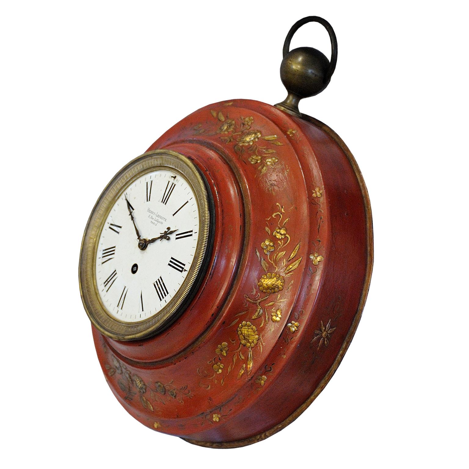 This is a beautifully decorated and hand painted French mid-19th century red tole wall clock by Henry-Lepaute, Paris, circa 1840.