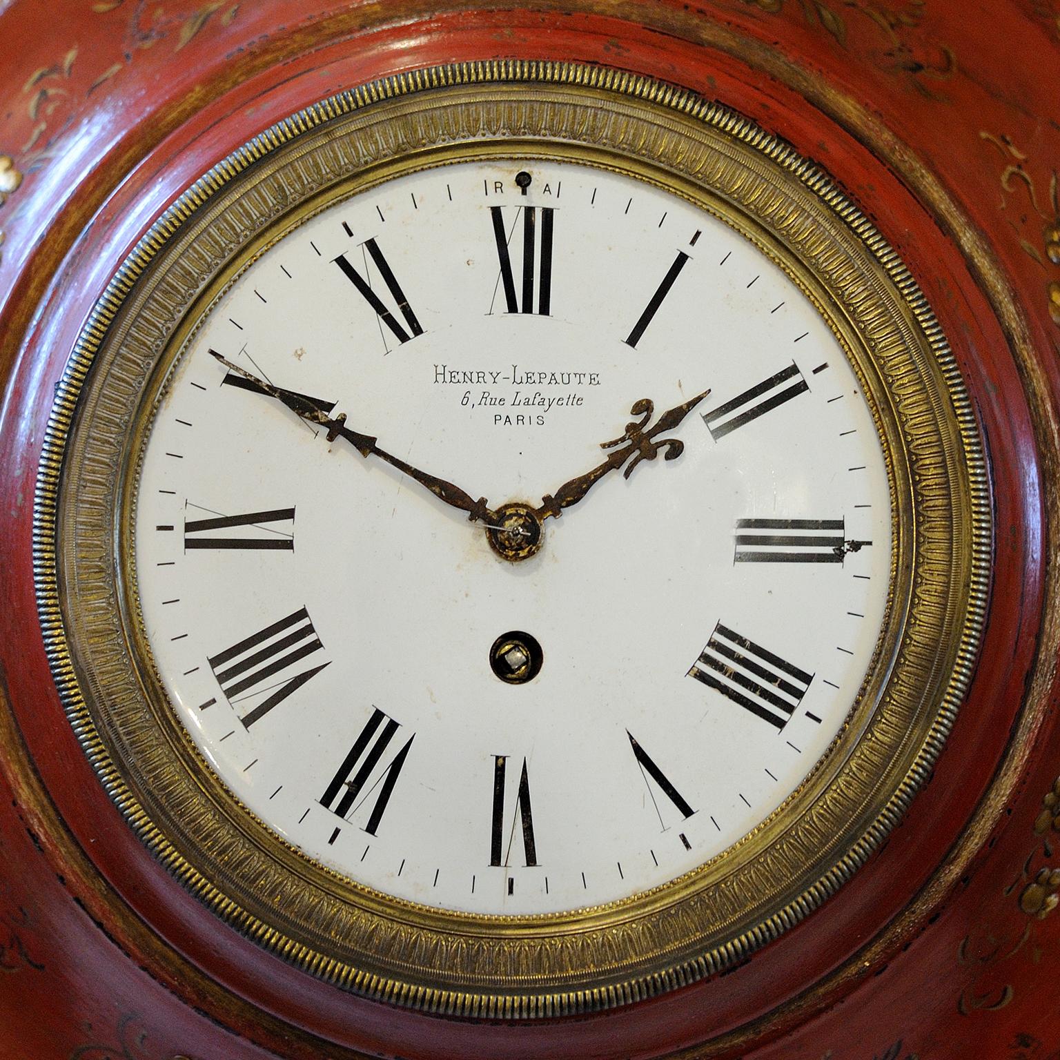 Hand-Painted Painted French Red Tole Wall Clock, circa 1840 For Sale