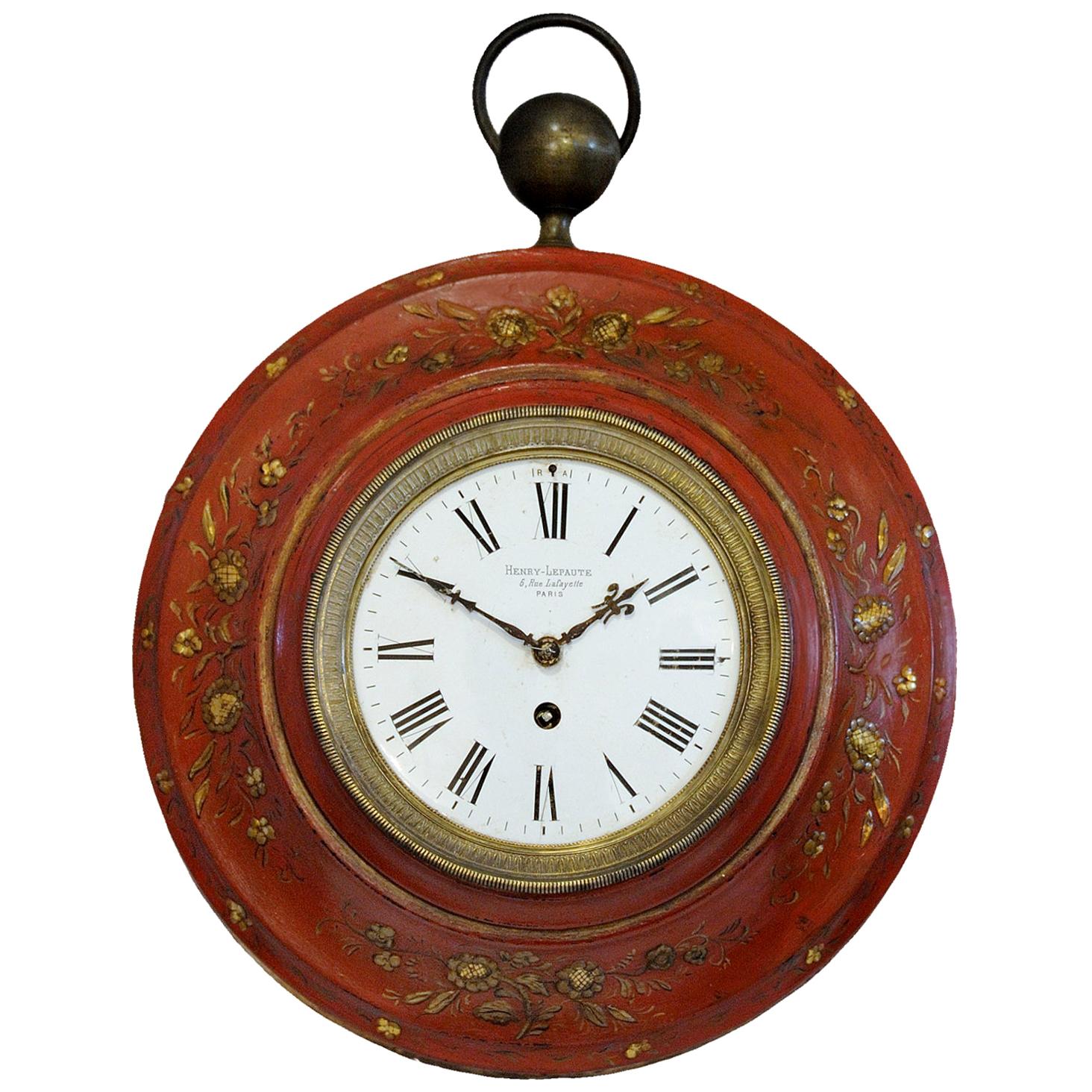 Painted French Red Tole Wall Clock, circa 1840 For Sale