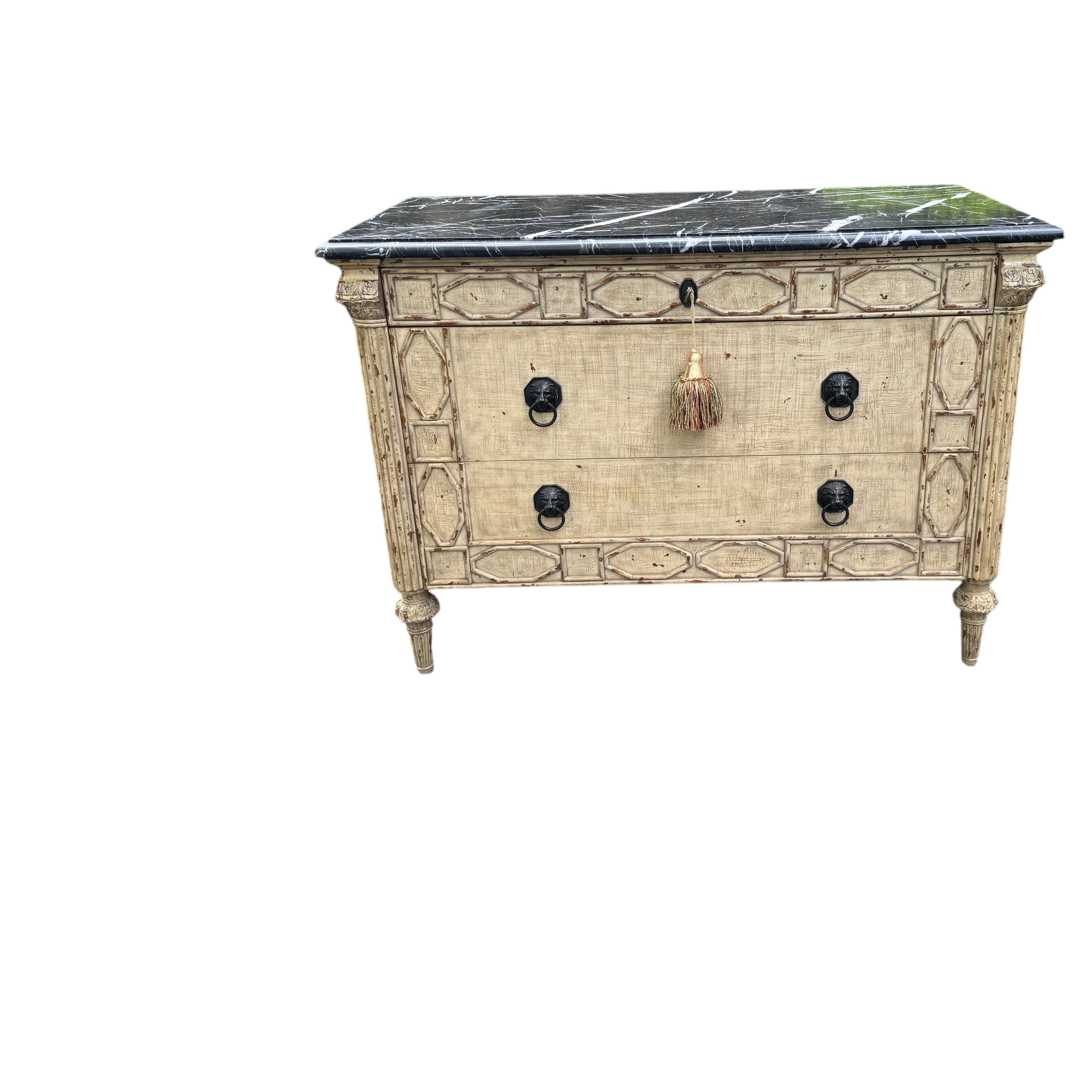 Painted French Style Commode Chest of Drawers with Black Marble Top For Sale