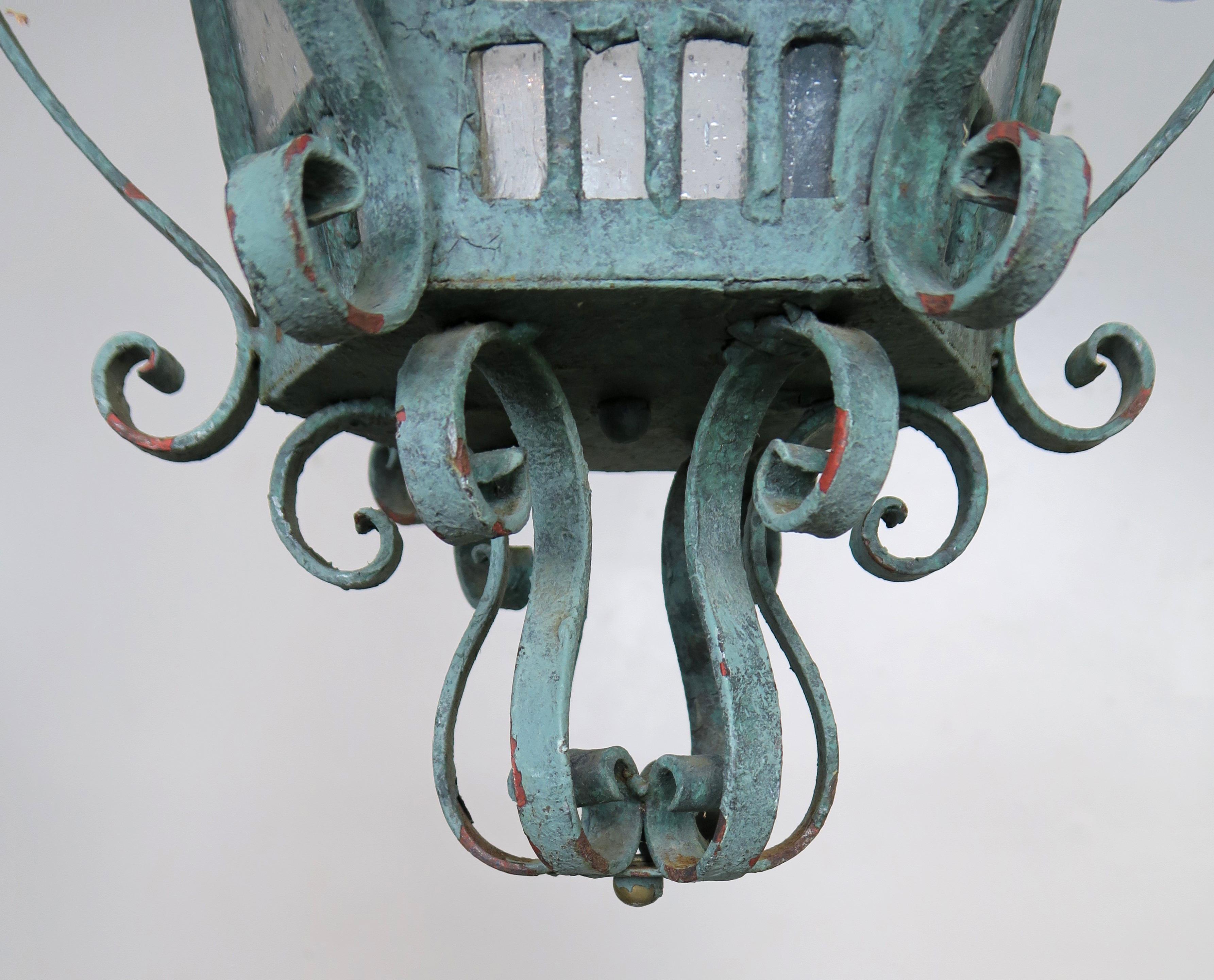 Chinoiserie Painted French Wrought Iron Lantern with Domed Shaped Top, circa 1930s