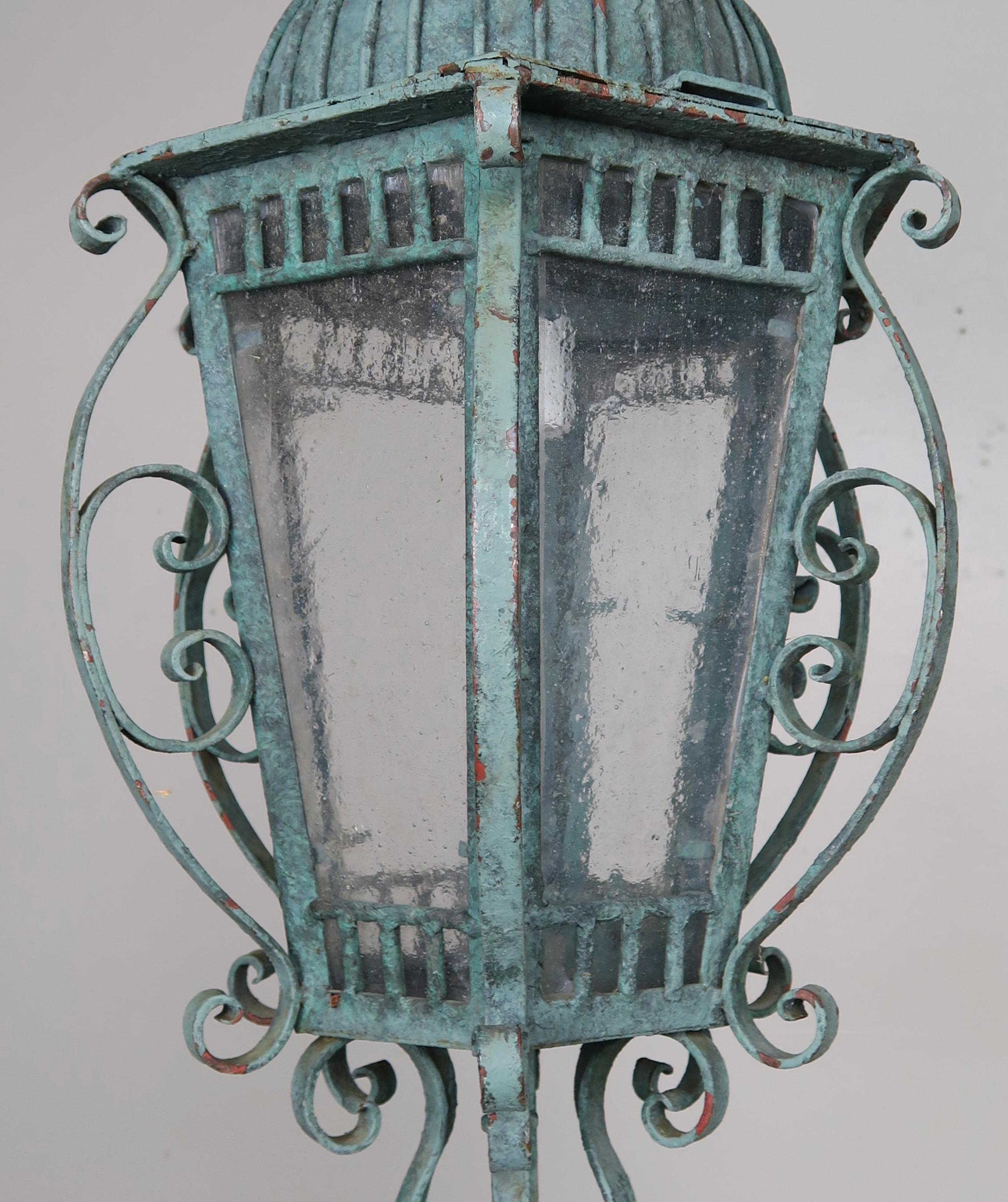 Glass Painted French Wrought Iron Lantern with Domed Shaped Top, circa 1930s