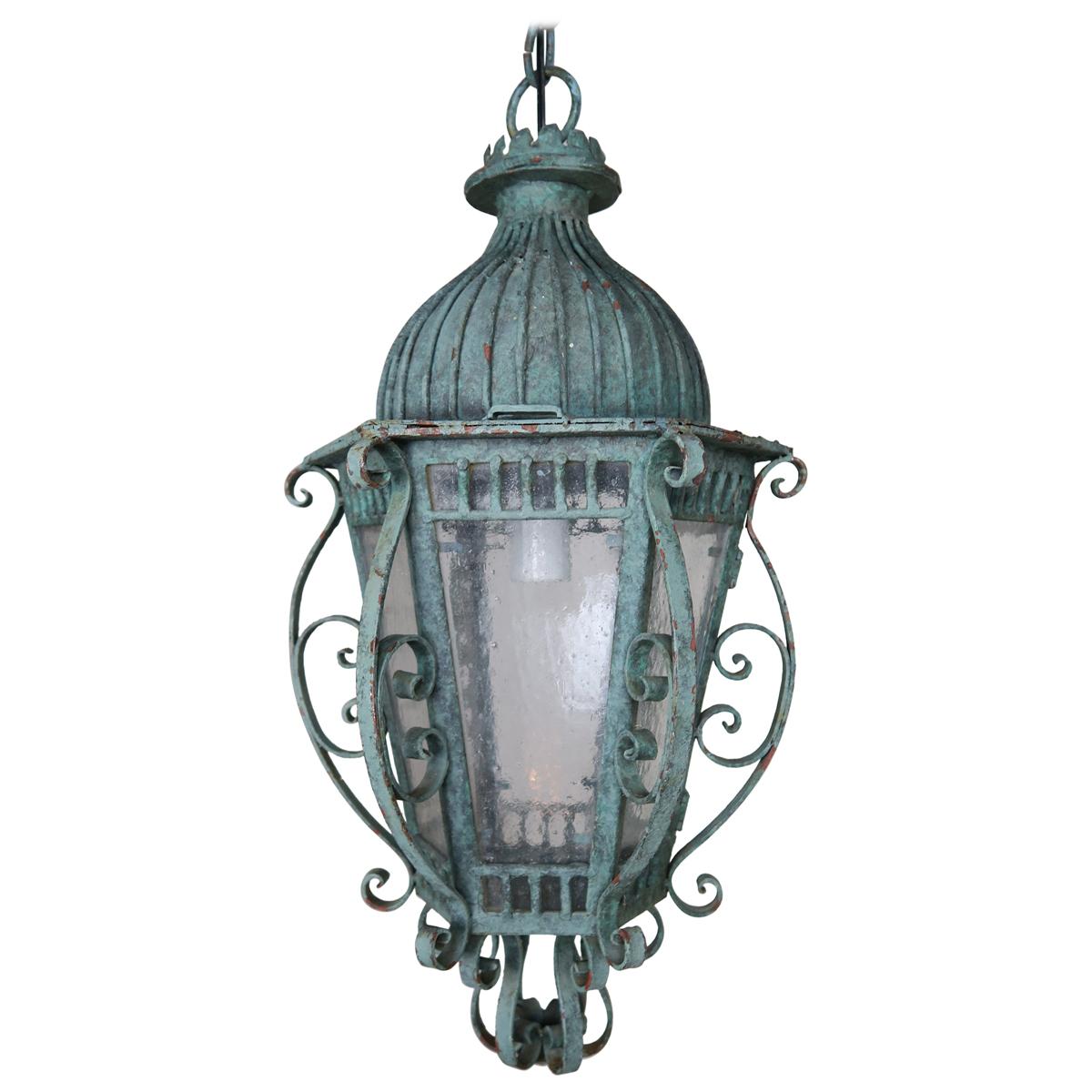 Painted French Wrought Iron Lantern with Domed Shaped Top, circa 1930s