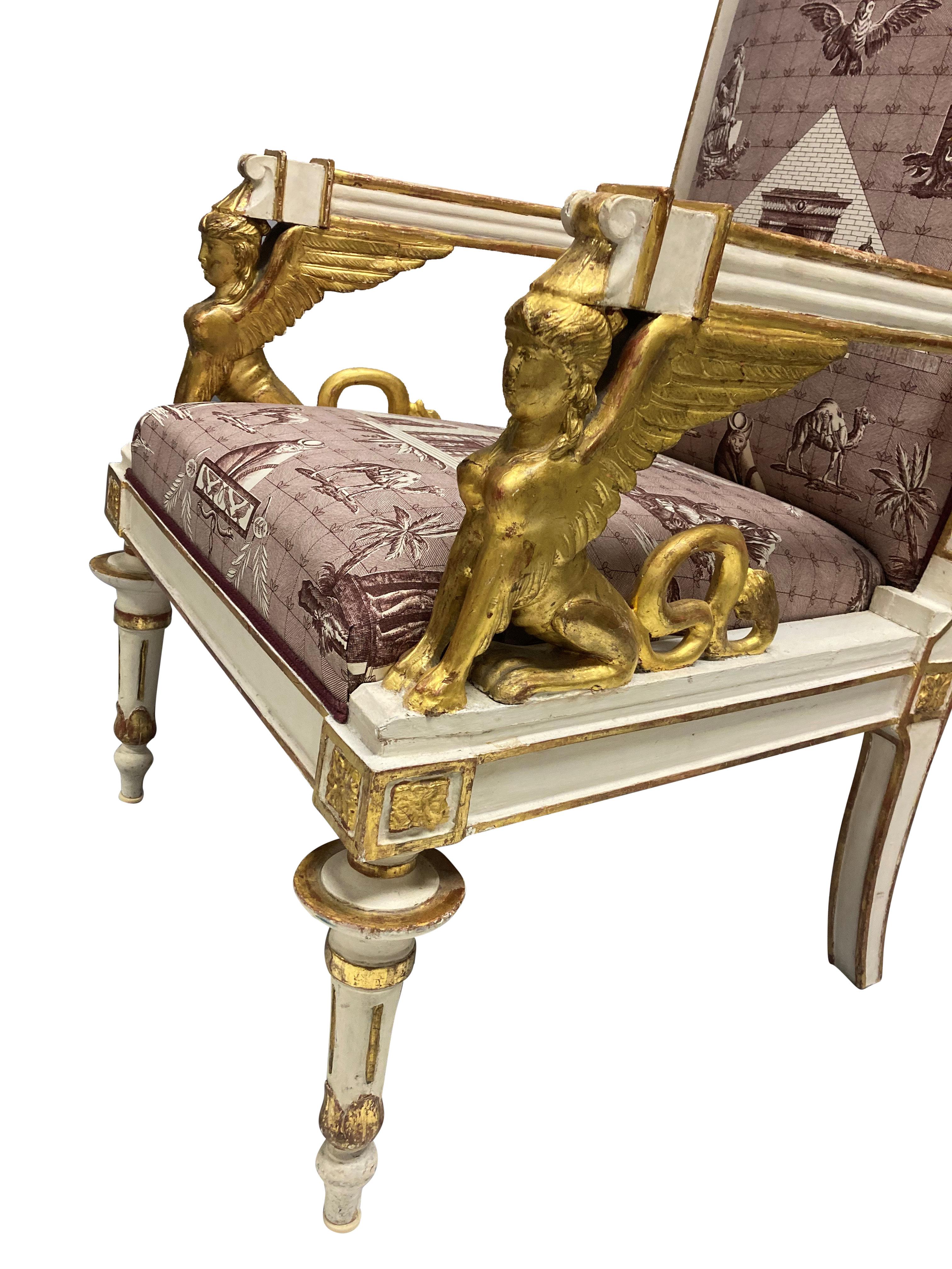 Beech Painted & Gilded French Empire Armchair For Sale