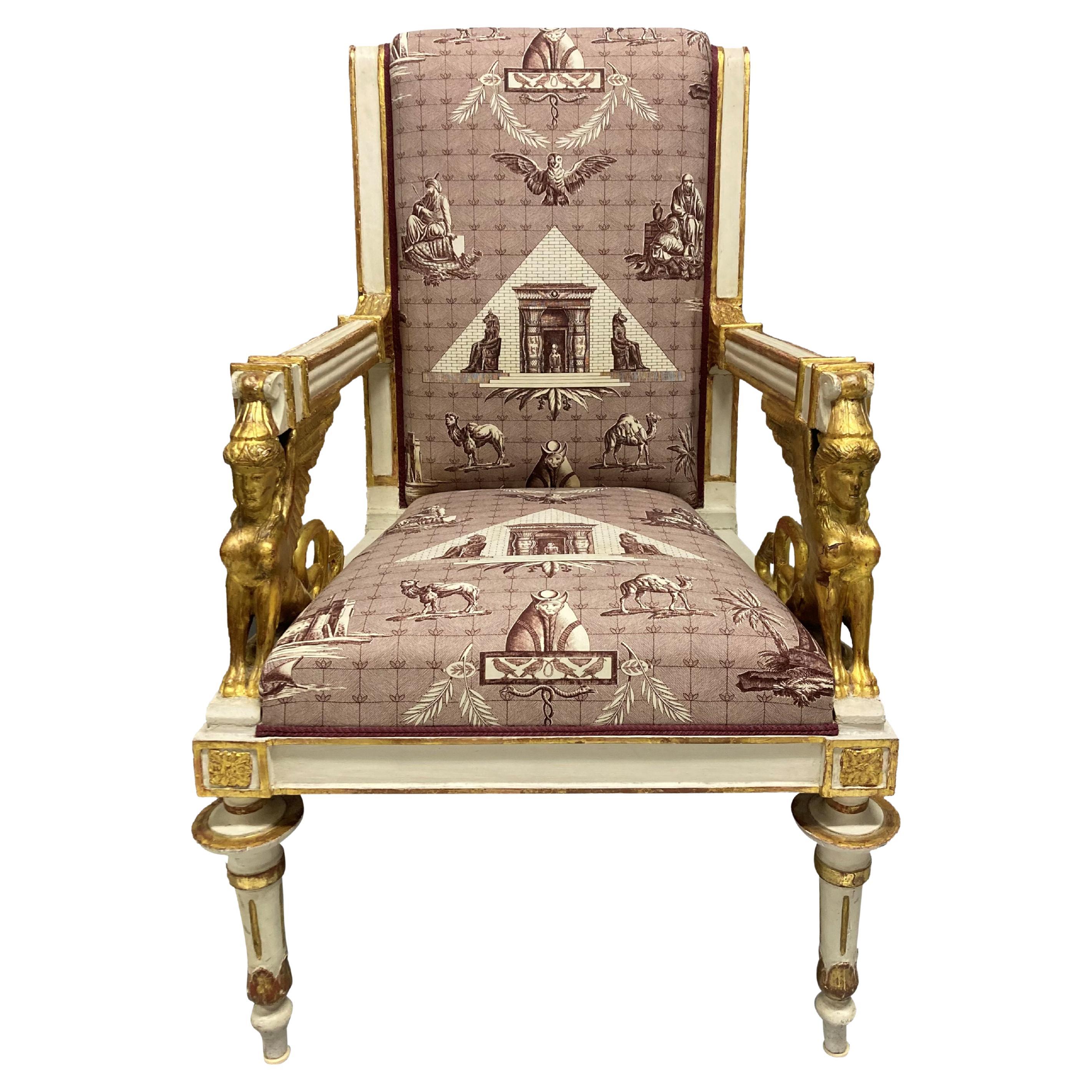 Painted & Gilded French Empire Armchair For Sale