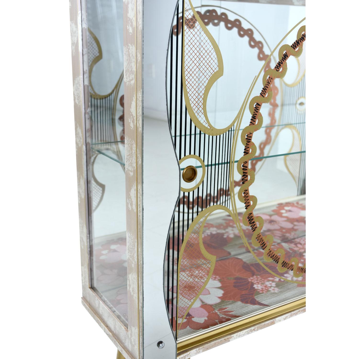 Hollywood Regency Painted Glass and Mirror Midcentury Deco Regency Glam Gold Accent Curio Cabinet
