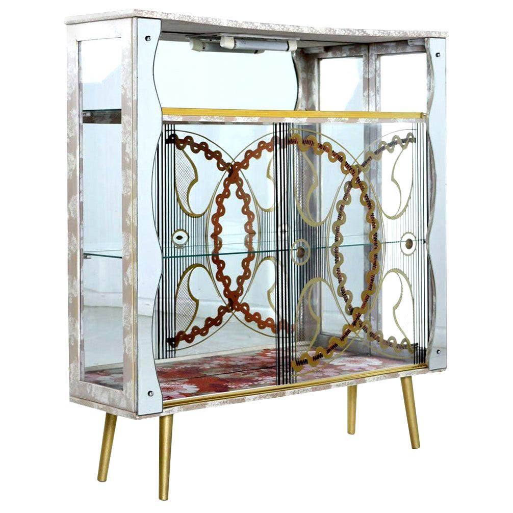 Painted Glass and Mirror Midcentury Deco Regency Glam Gold Accent Curio Cabinet