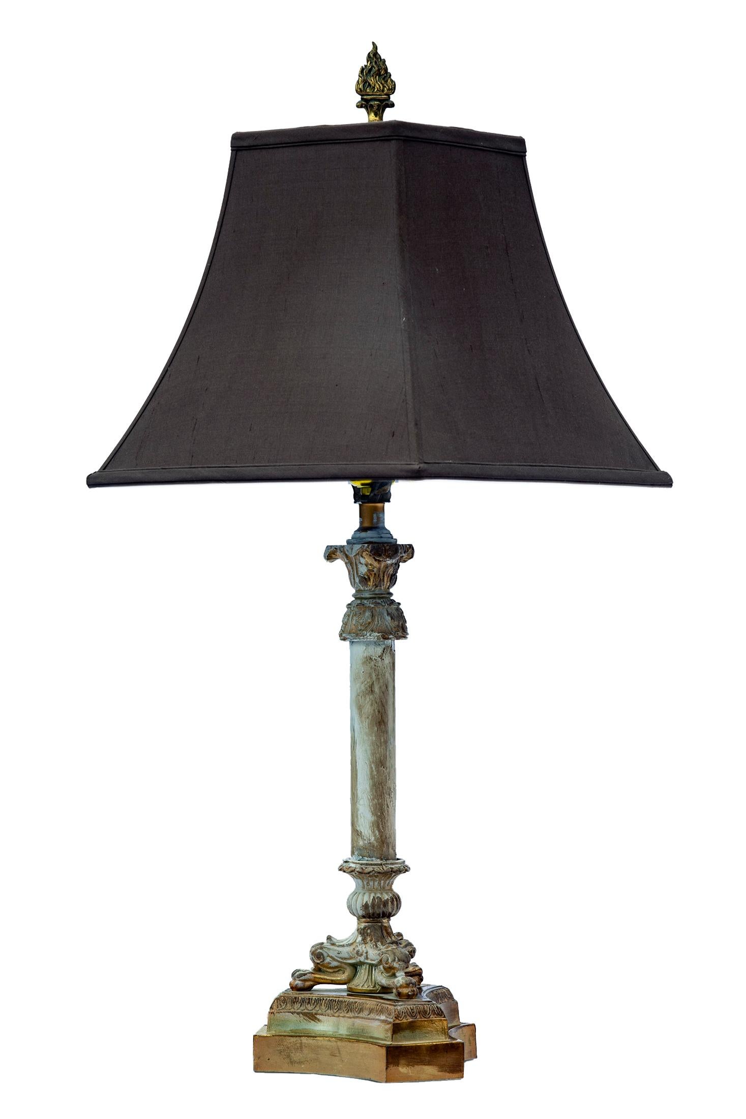 Classical Roman Painted Glass & Brass Candlestick Lamp / Square Bell Silk Shade in Expresso For Sale