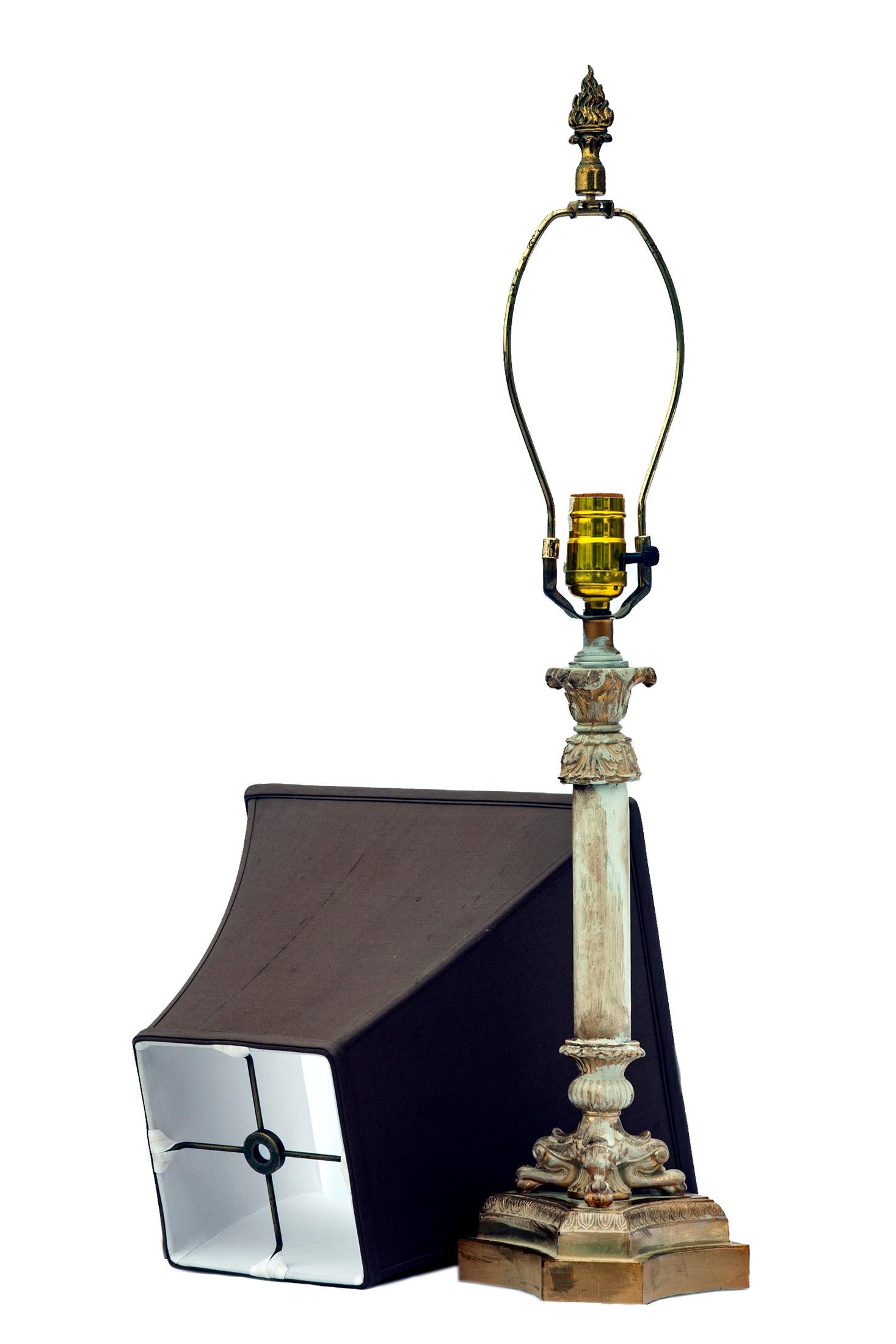 Painted Glass & Brass Candlestick Lamp / Square Bell Silk Shade in Expresso In Good Condition For Sale In Malibu, CA