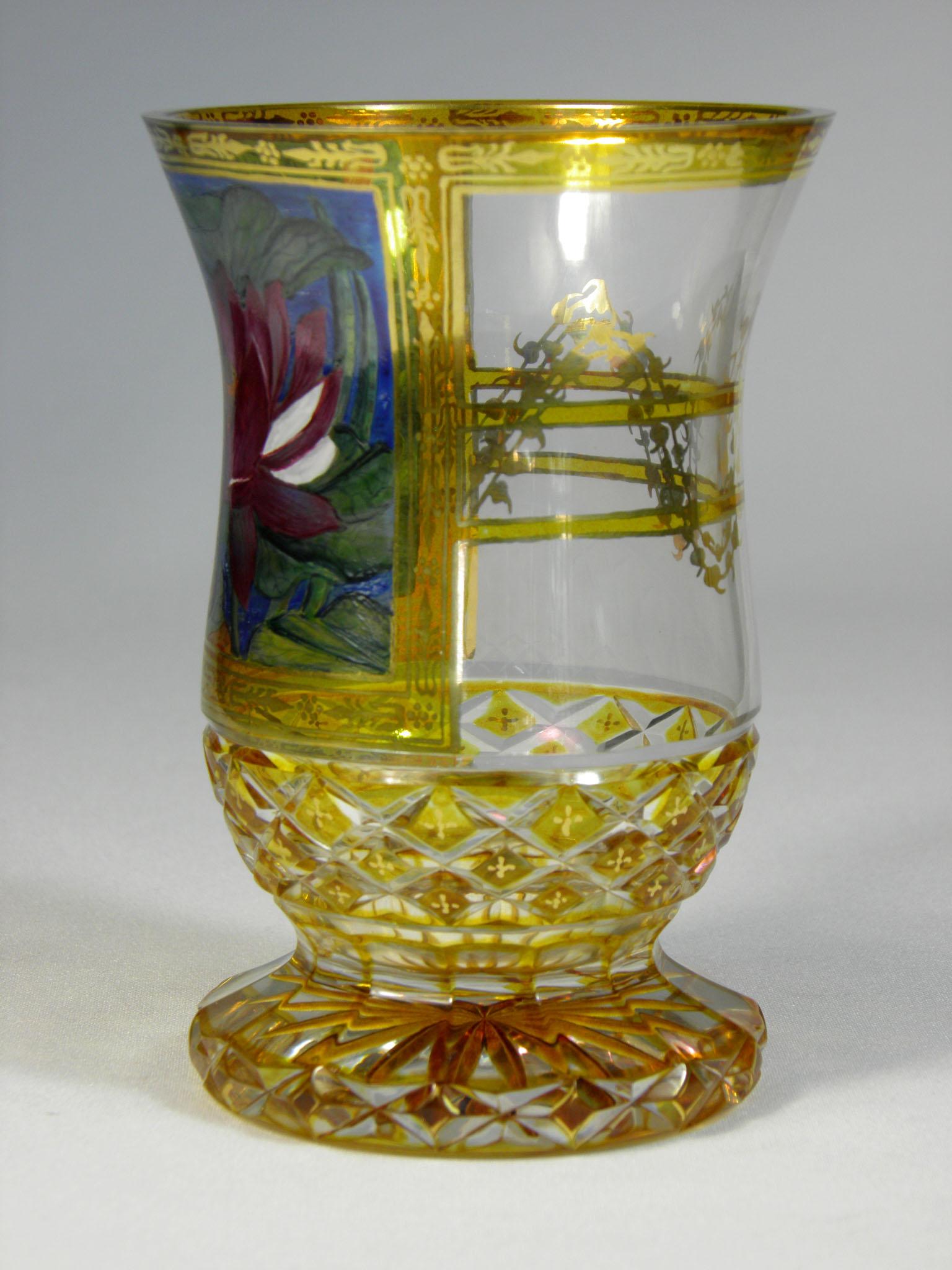 Painted Goblet in the style of 19th century Bohemian Glass. The goblet is hand cut, painted with transparent colors, gold, yellow lazure. Floral motif with a butterfly, wonderful work of Czech glass masters, 100% condition. 20th century undamaged.