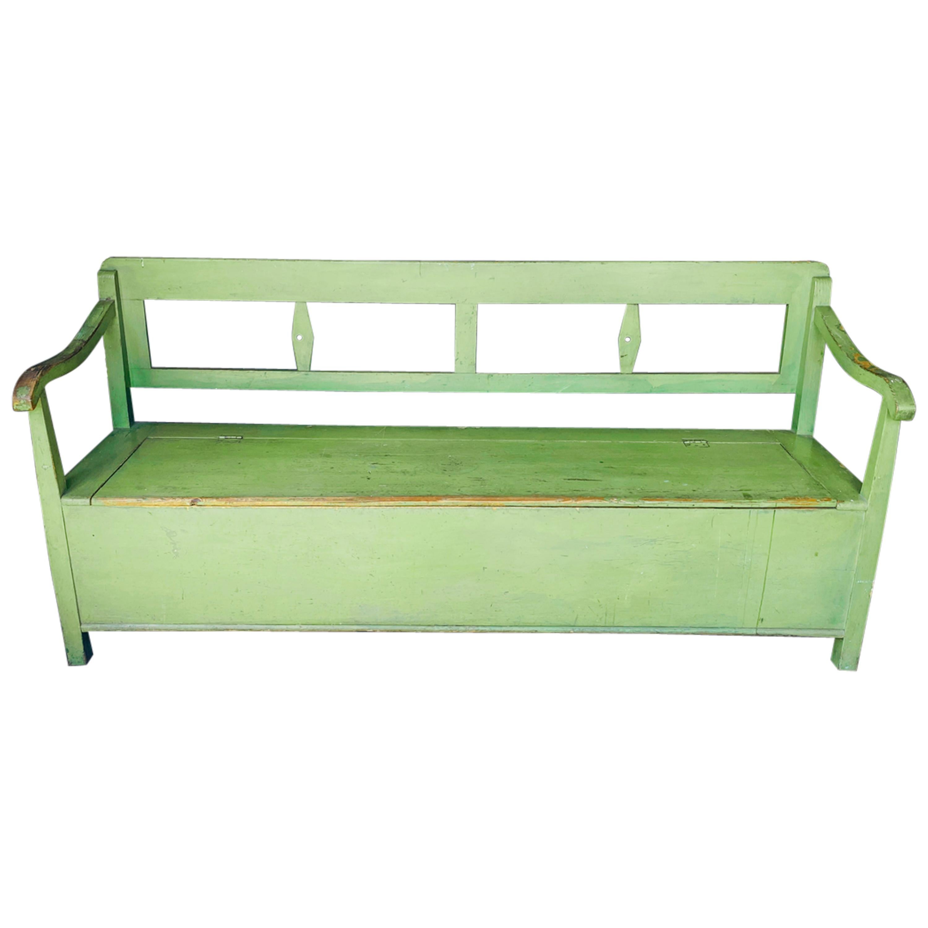 Painted Green Bench with Storage, France, 19th Century