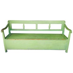 Antique Painted Green Bench with Storage, France, 19th Century