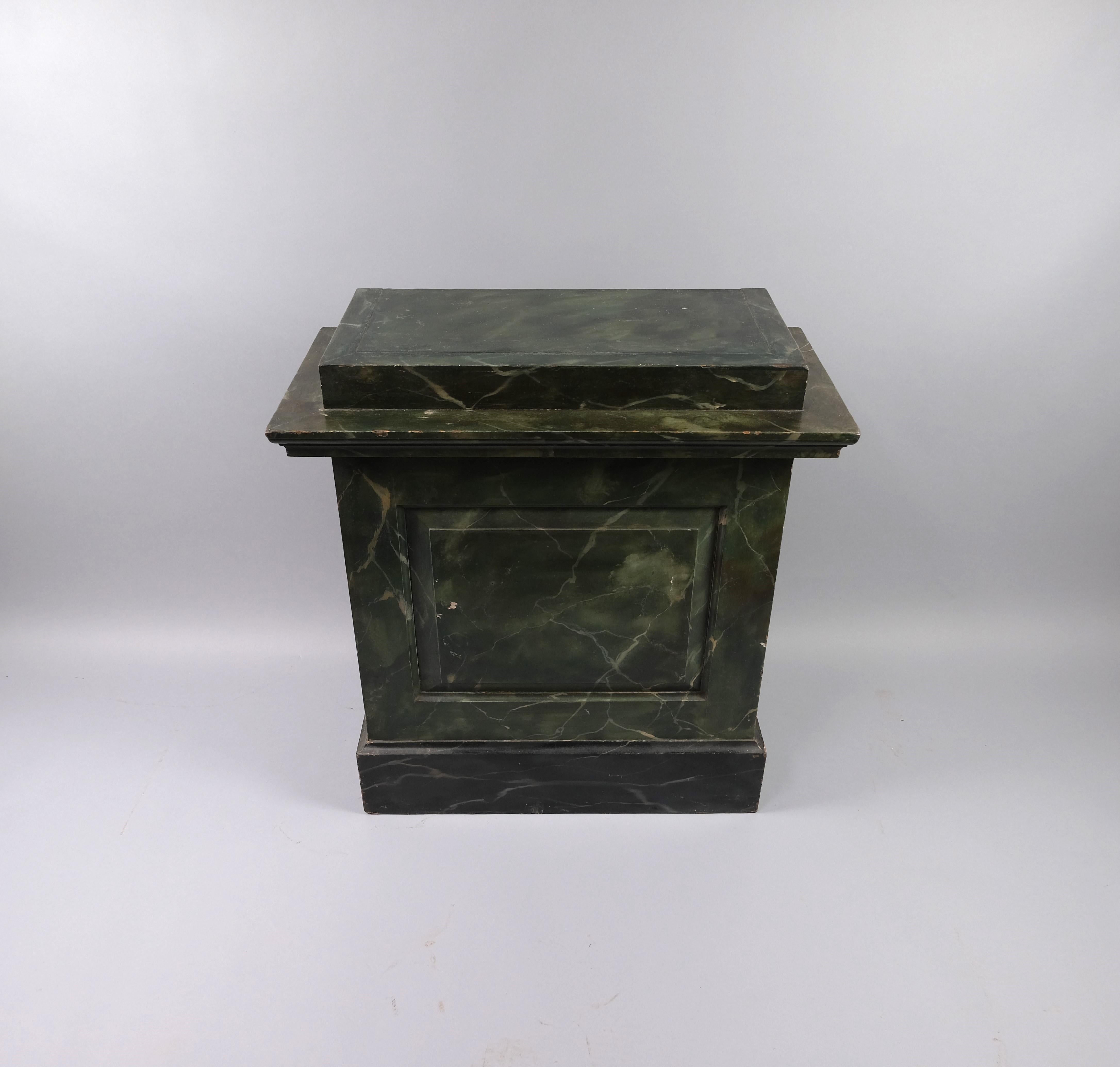 Pine Painted green marble plinth/ pedestal For Sale
