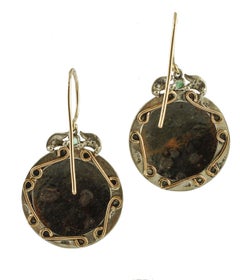 Painted Hard Stone, Emeralds, Diamonds, 9k Rose Gold and Silver Dangle Earrings