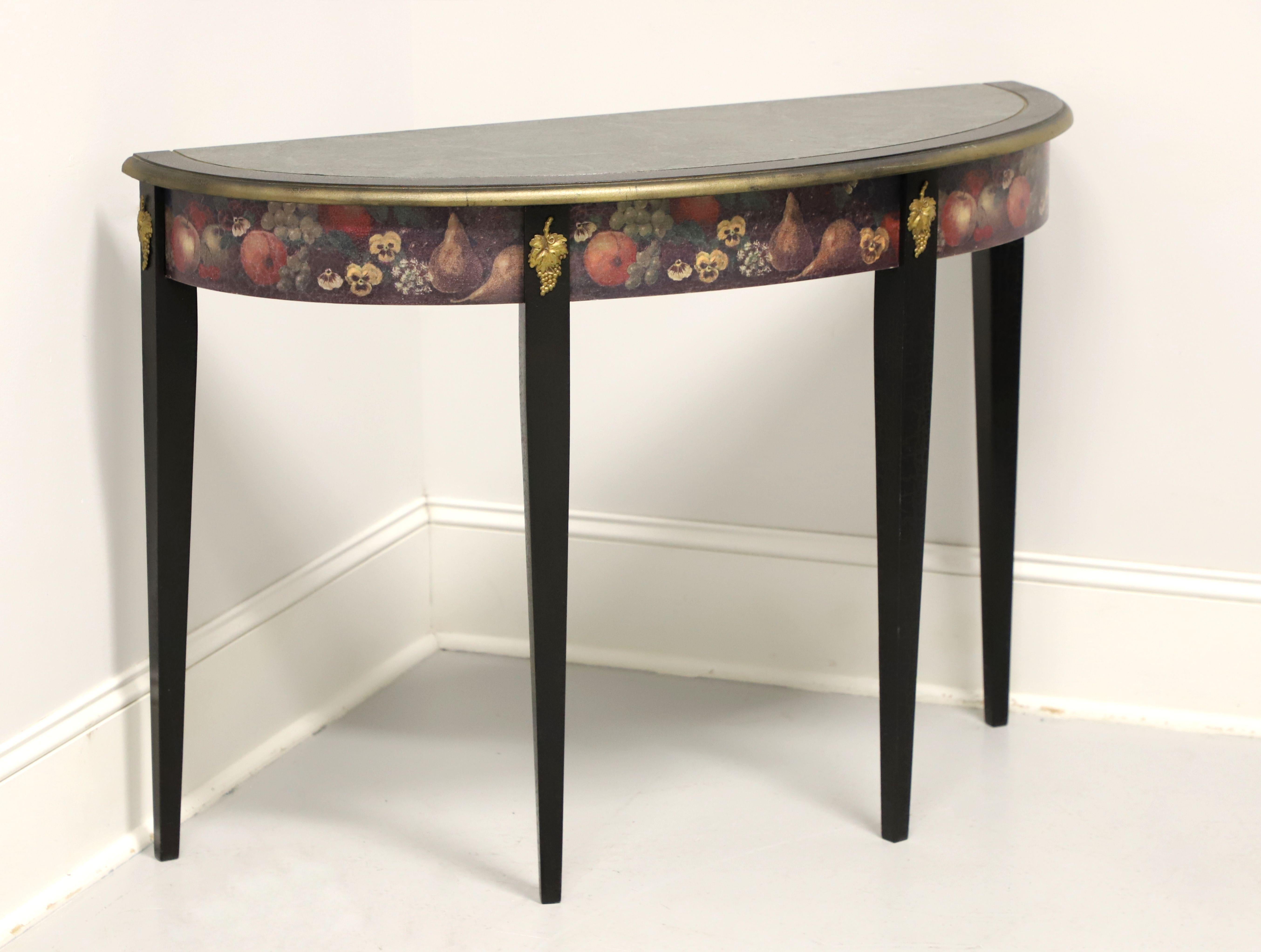 A Hepplewhite style demilune console table, unbranded, similar quality to Maitland Smith. Solid wood frame, painted faux marble banded top with bullnose edge, floral motif painted to apron, gold grapes accents to top of legs at apron, and tapered