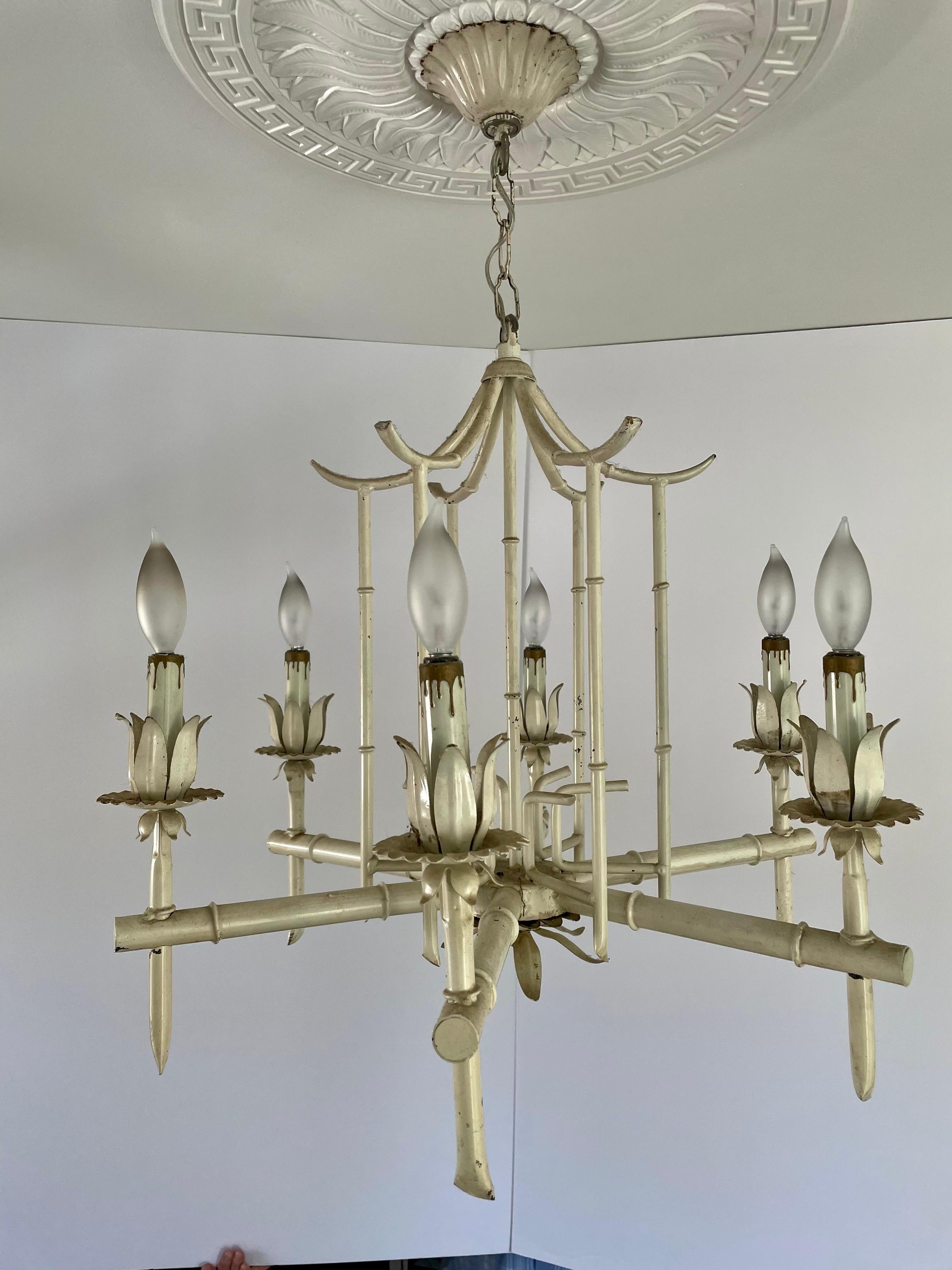 Italian Painted Hollywood Regency Faux Bamboo Chandelier