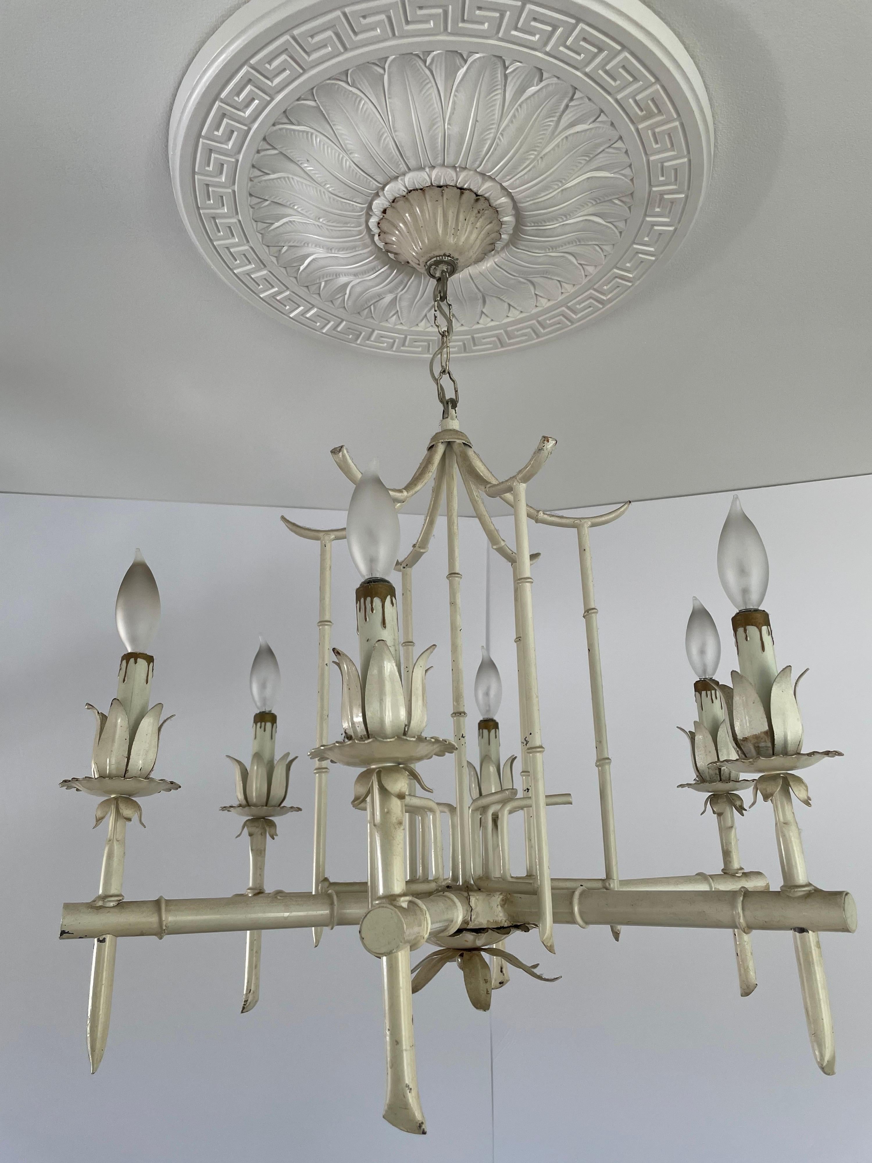 Painted Hollywood Regency Faux Bamboo Chandelier In Good Condition In New York, NY