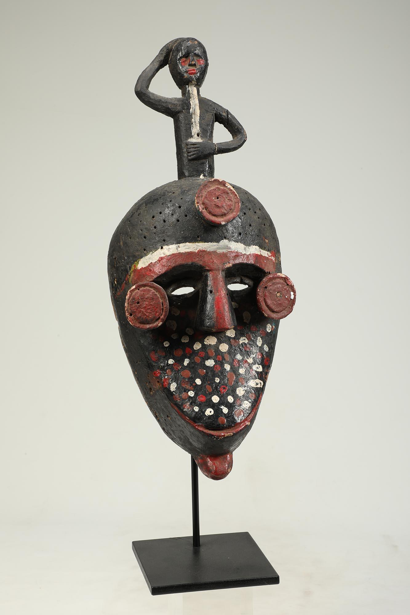 Painted Ibibio Polychrome Face Mask with Figure on Top, Nigeria Africa colorful In Distressed Condition For Sale In Point Richmond, CA