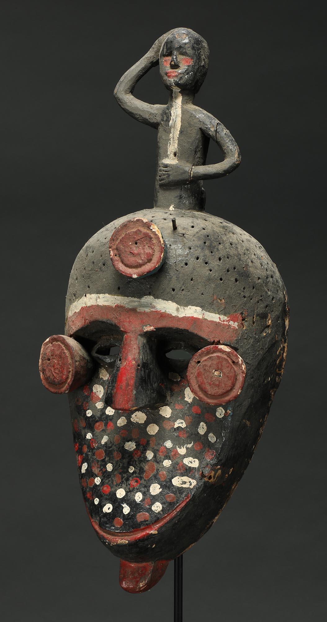 Wood Painted Ibibio Polychrome Face Mask with Figure on Top, Nigeria Africa colorful For Sale