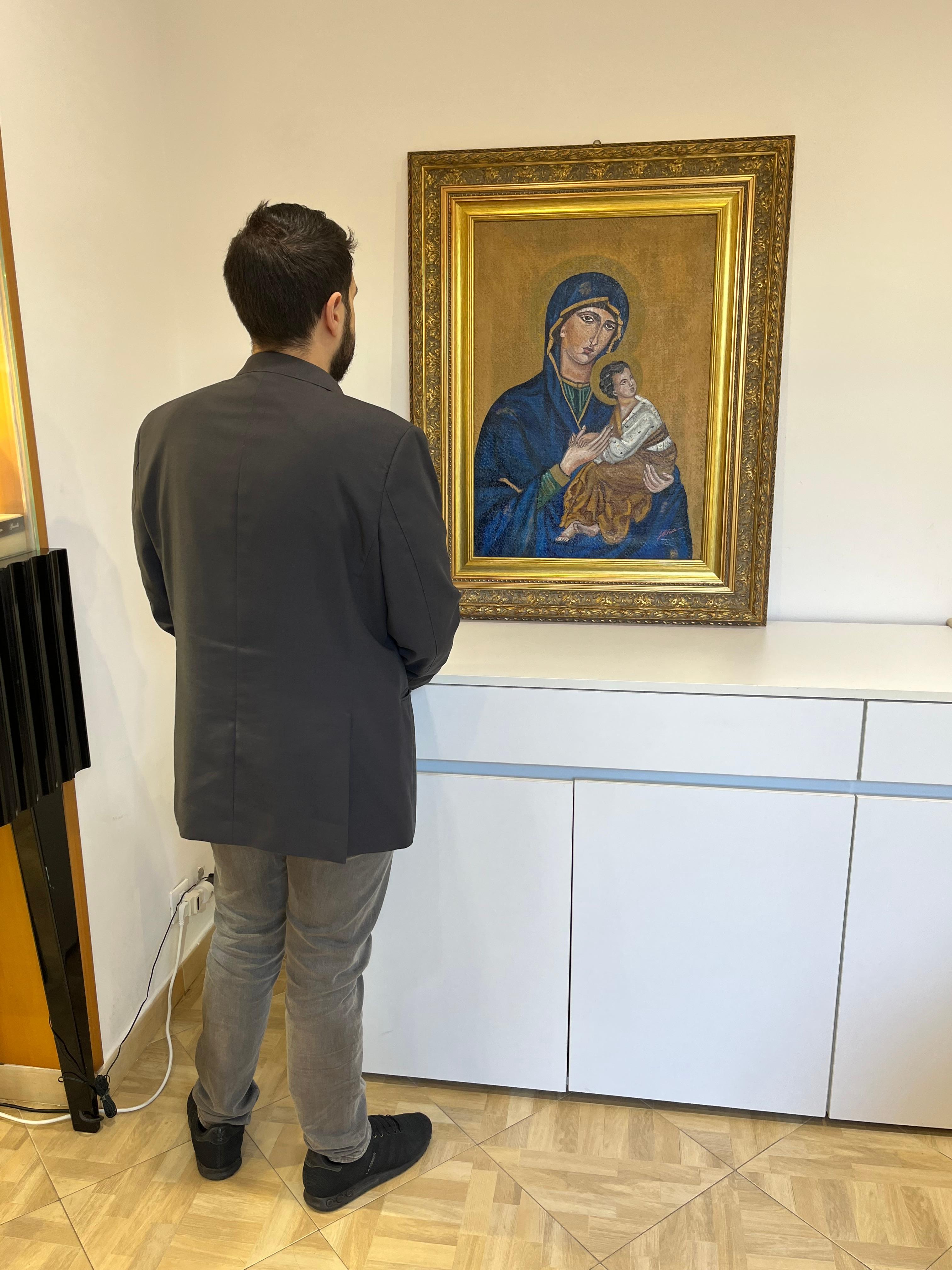 Painted icon depicting Notre Dame du Perpétuel Secours, oil on jute canvas, 1960s.
Beautiful representation of the Madonna of Perpetual Help, taken from the Byzantine icon preserved in Rome and dating back to the 14th century.