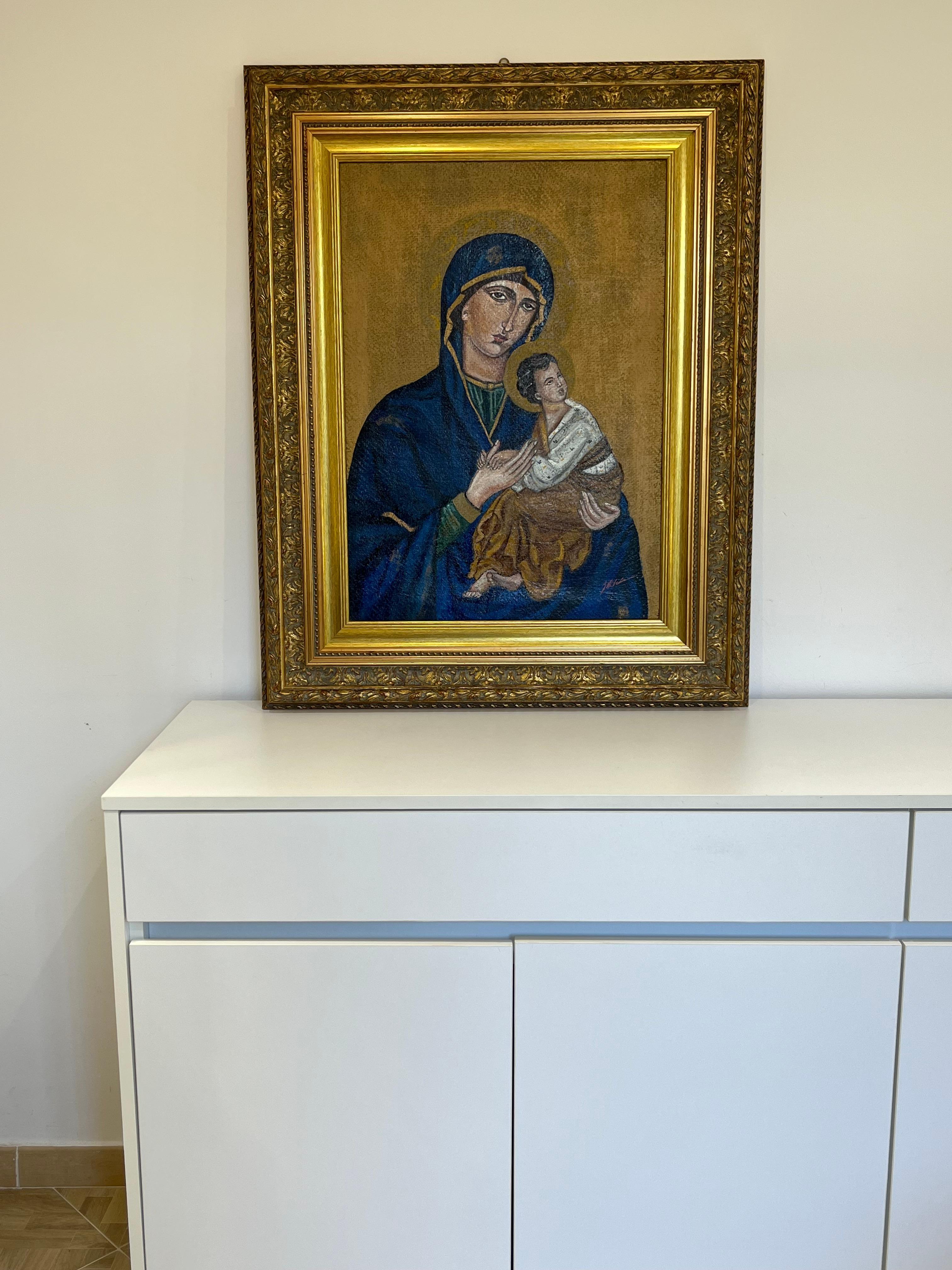 French Painted Icon Depicting Notre Dame Du Perpétuel Secours Oil On Jute anvas, 1960s For Sale