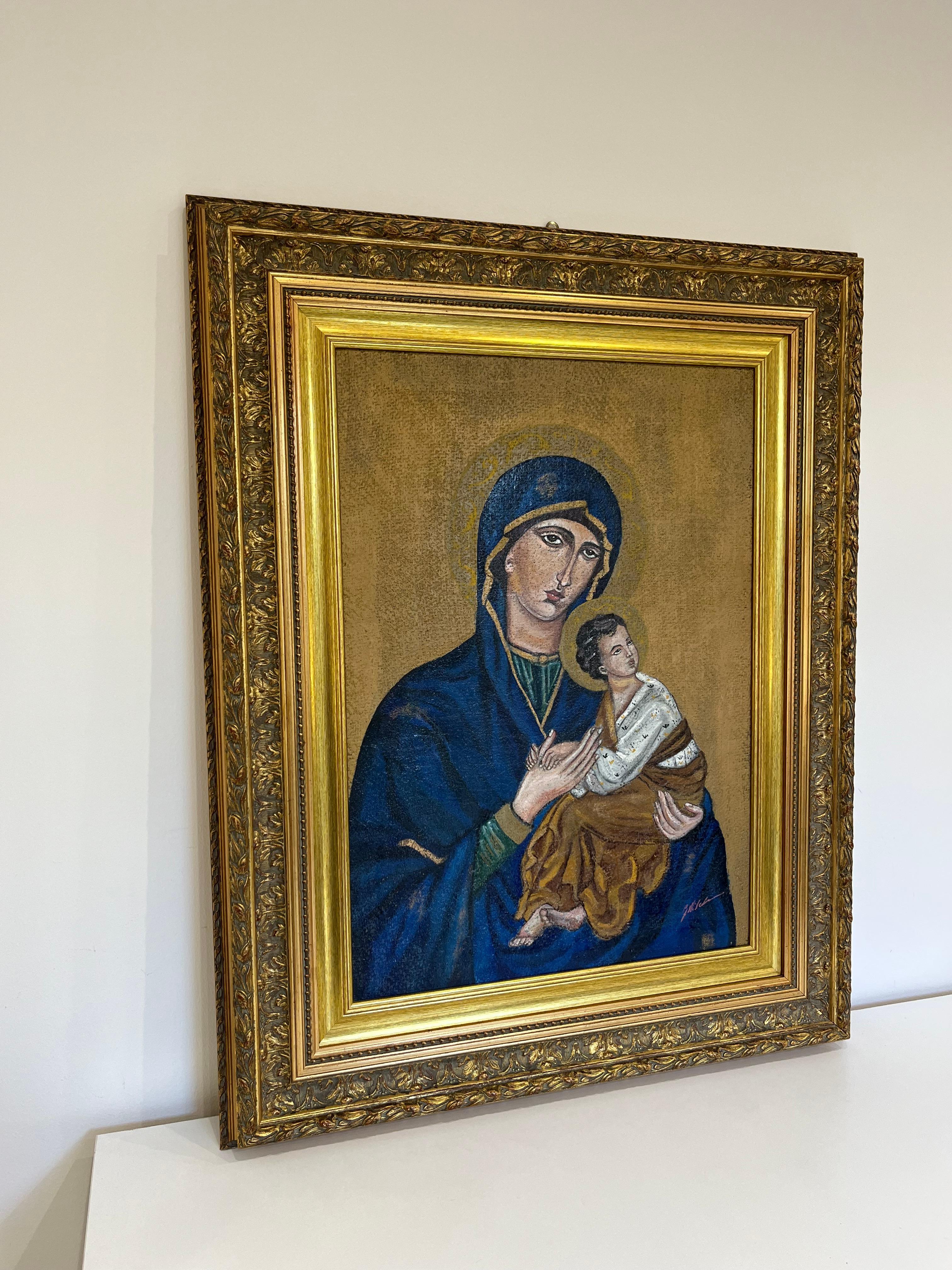 Mid-20th Century Painted Icon Depicting Notre Dame Du Perpétuel Secours Oil On Jute anvas, 1960s For Sale