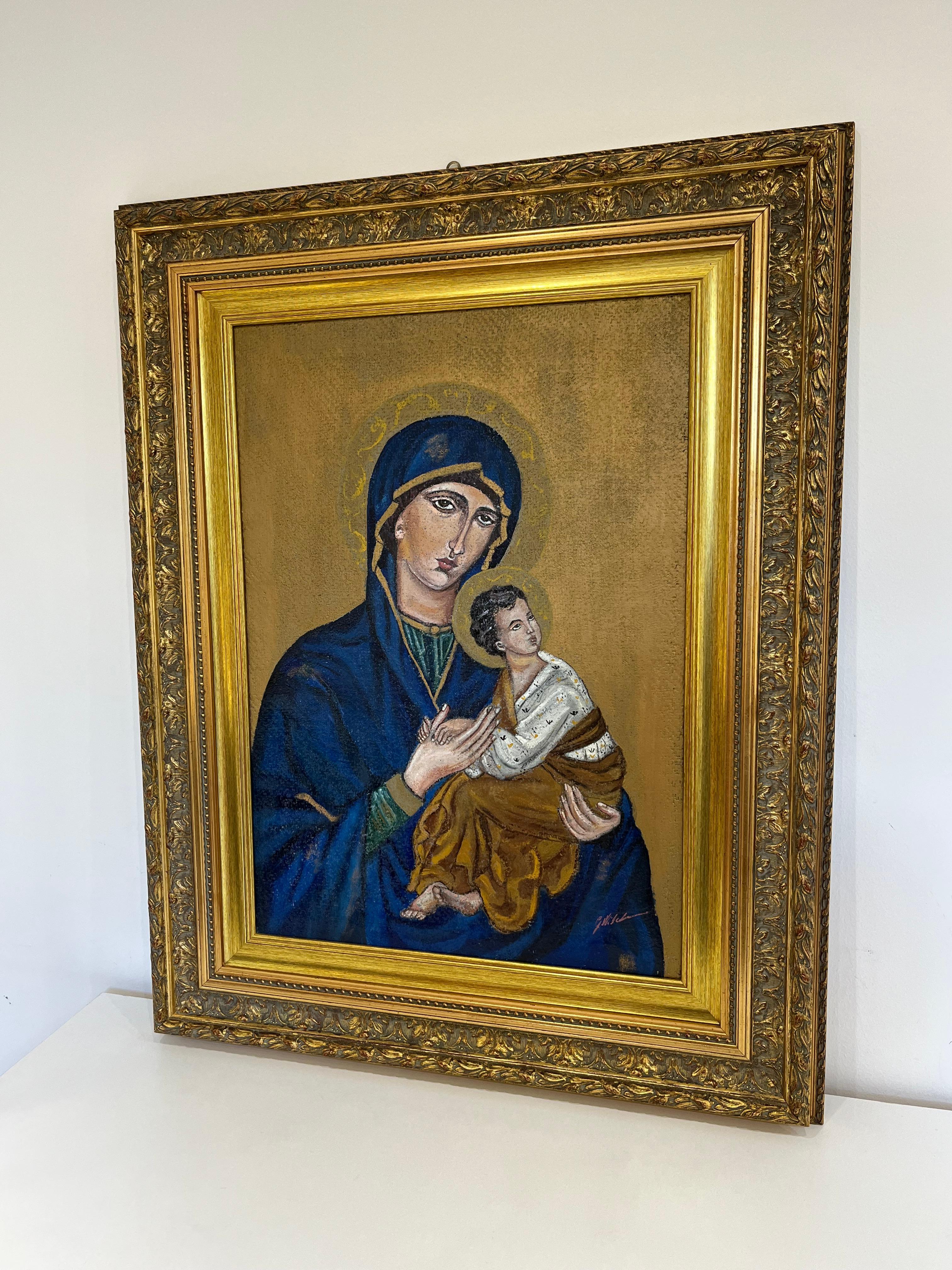 Canvas Painted Icon Depicting Notre Dame Du Perpétuel Secours Oil On Jute anvas, 1960s For Sale