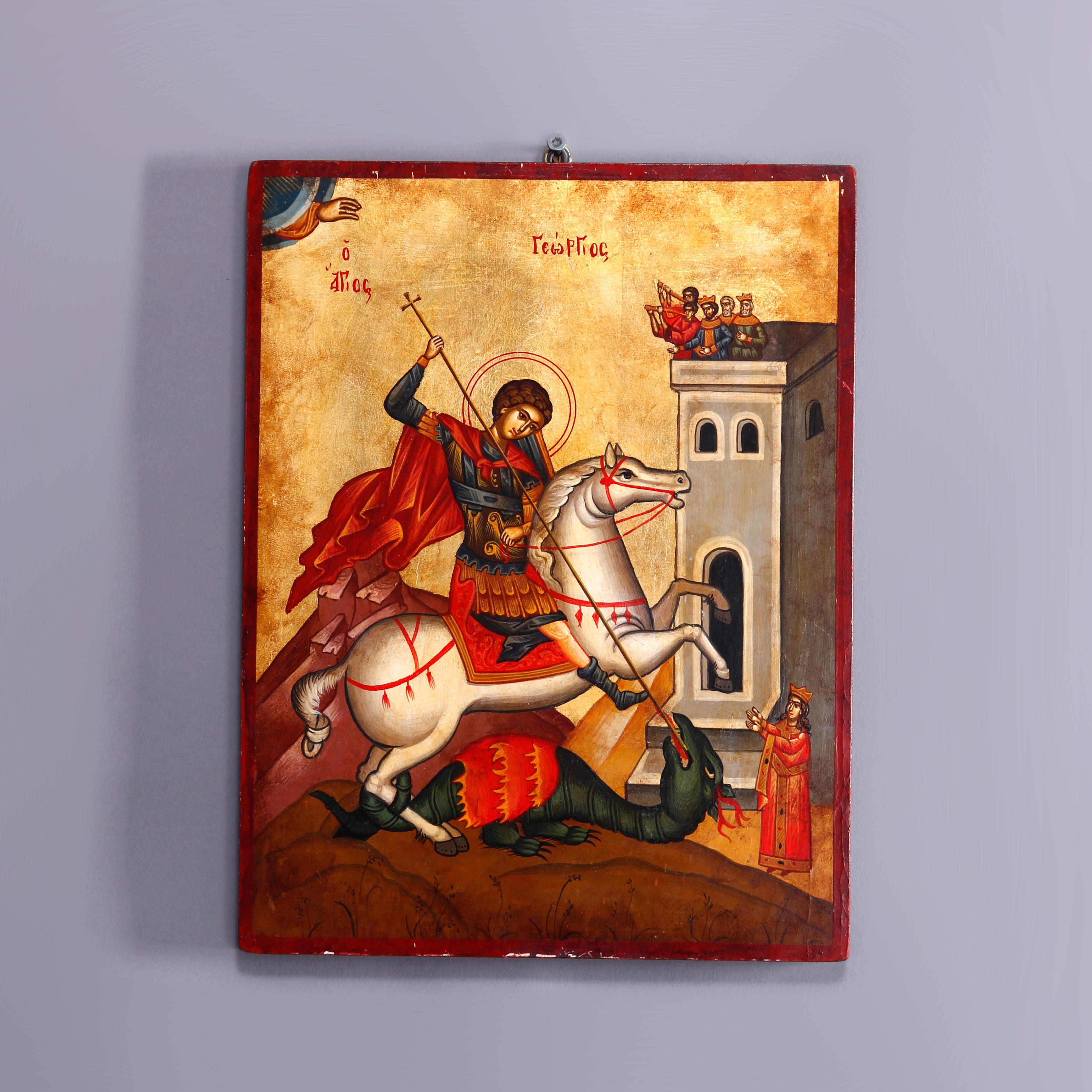 A hand painted icon on a wood plaque depicts St George on horseback slaying the dragon outsid the castle gates, 20th century

Measures - 13.75''H x 10.5''W x .75''D.