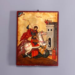 Painted Icon with St. George & Dragon on Wood Panel, 20th C
