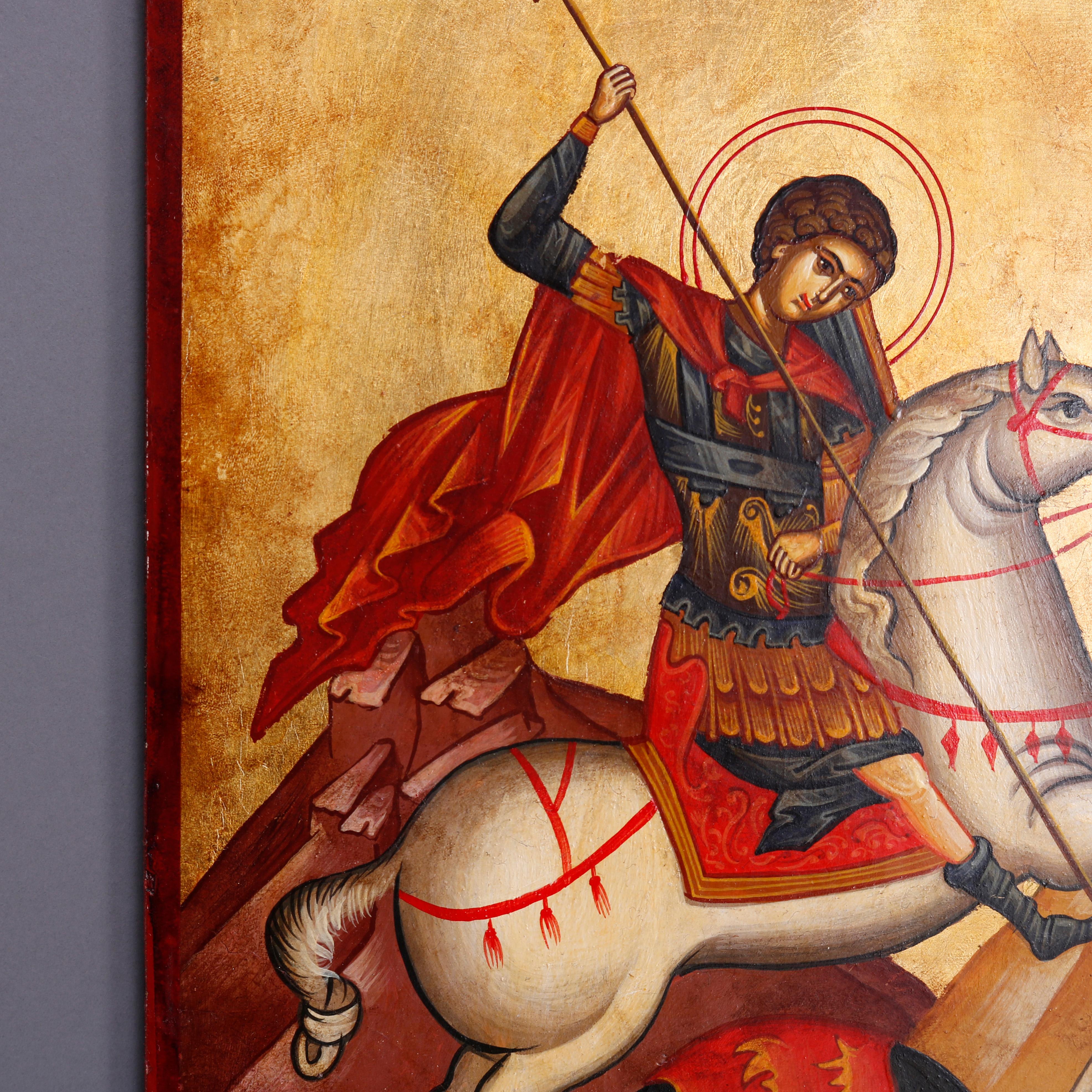 20th Century Painted Icon with St. George & Dragon on Wood Panel, 20th C