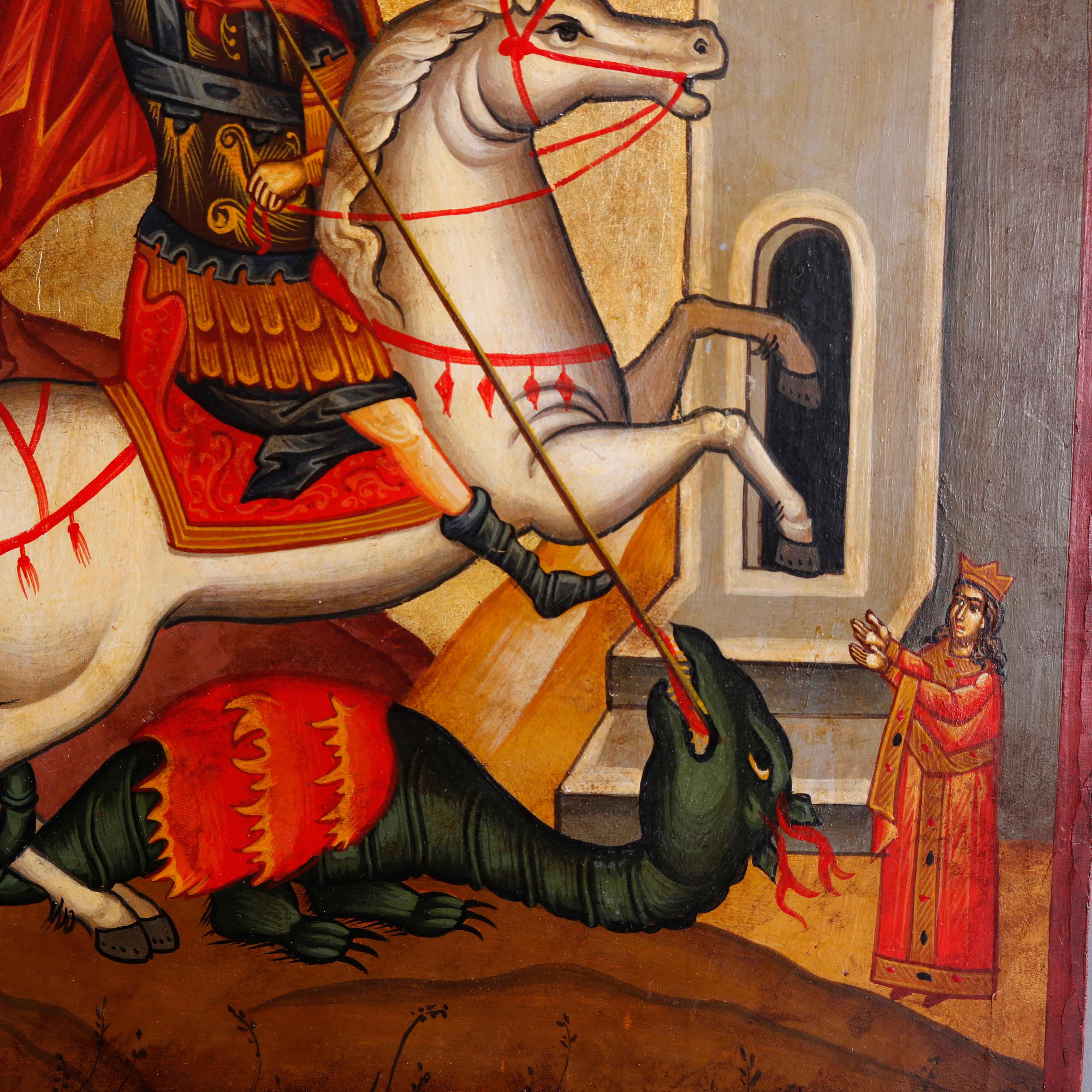 Painted Icon with St. George & Dragon on Wood Panel, 20th C 1