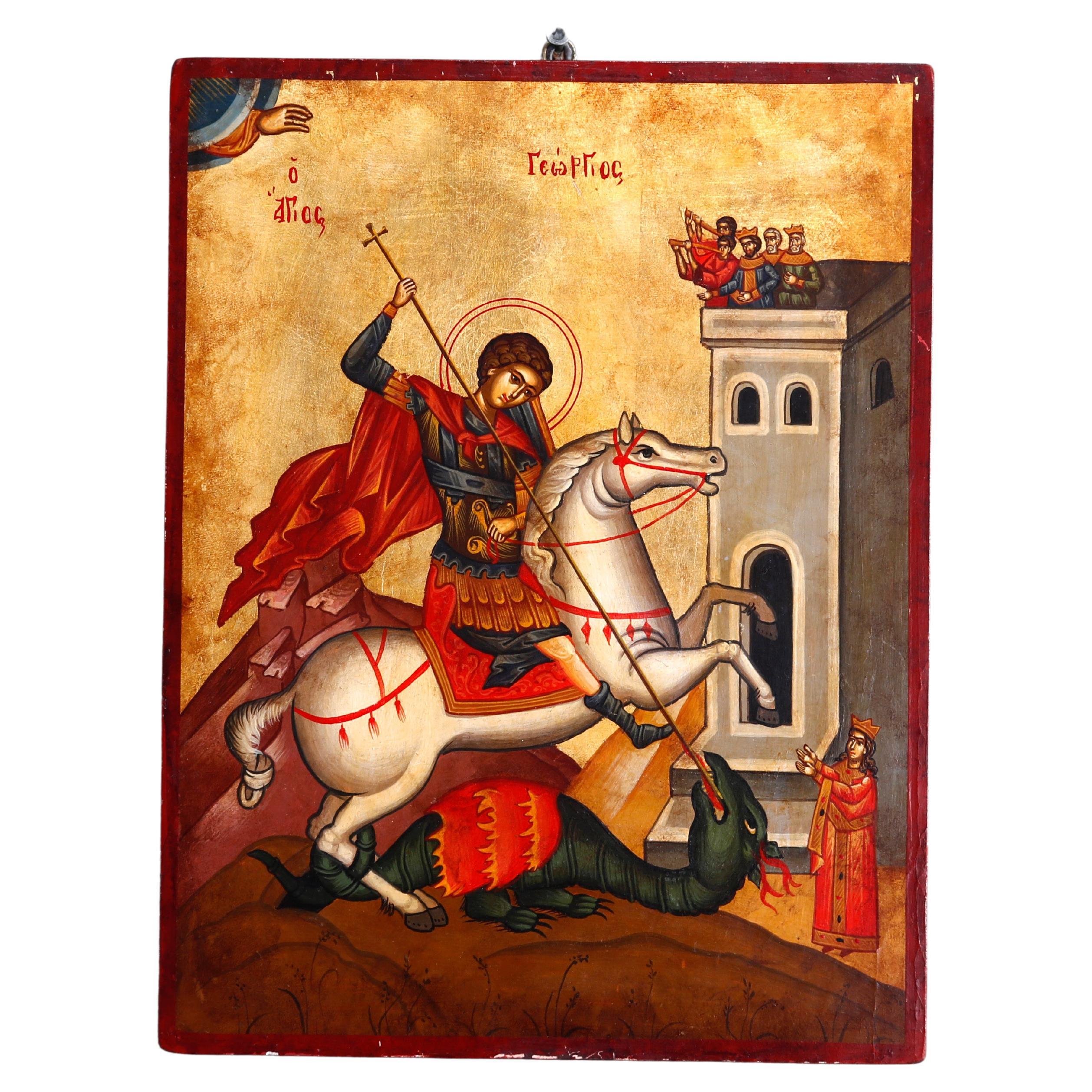 Painted Icon with St. George & Dragon on Wood Panel, 20th C
