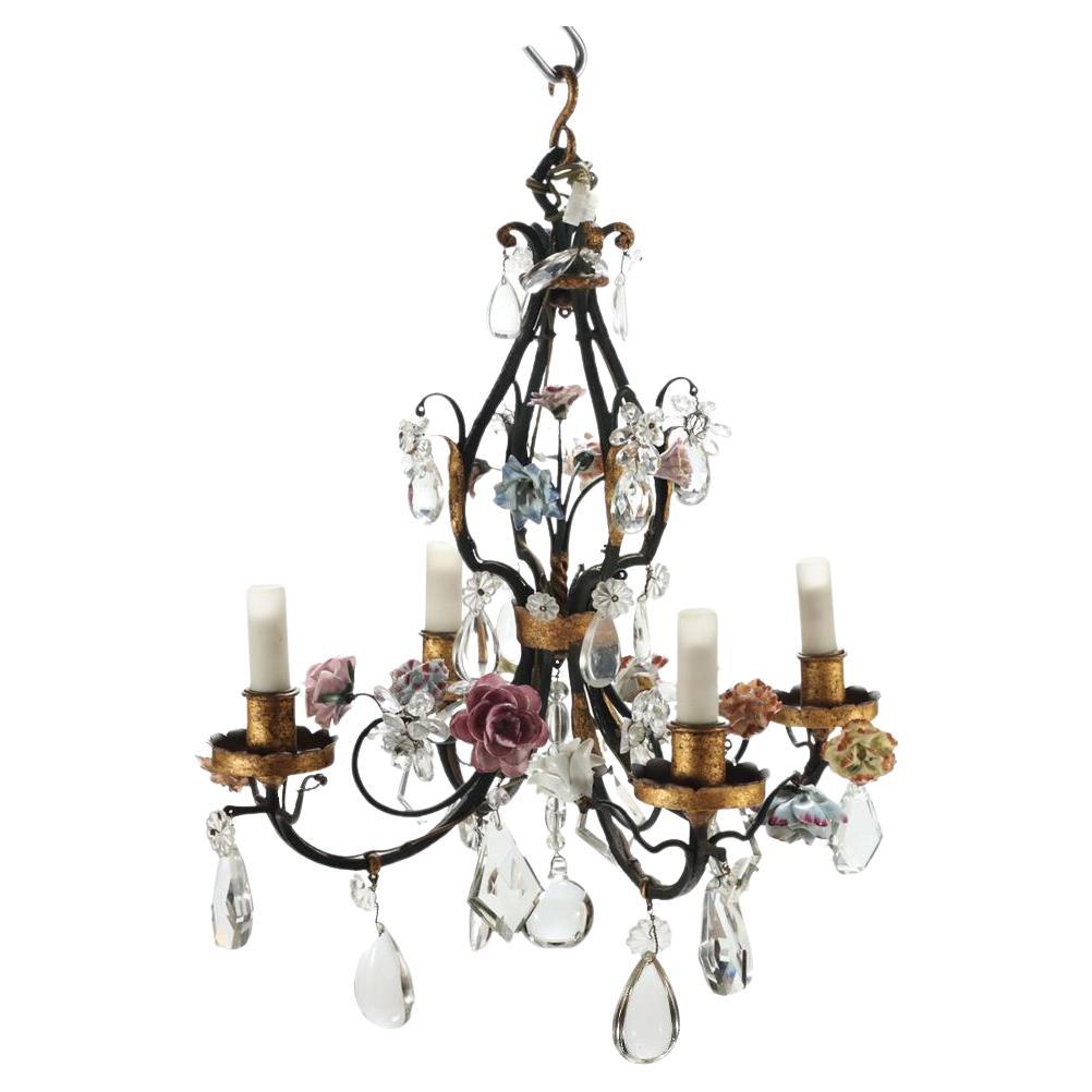 Painted Iron and Crystal Chandelier with Flowers Decorations, 20th C For Sale