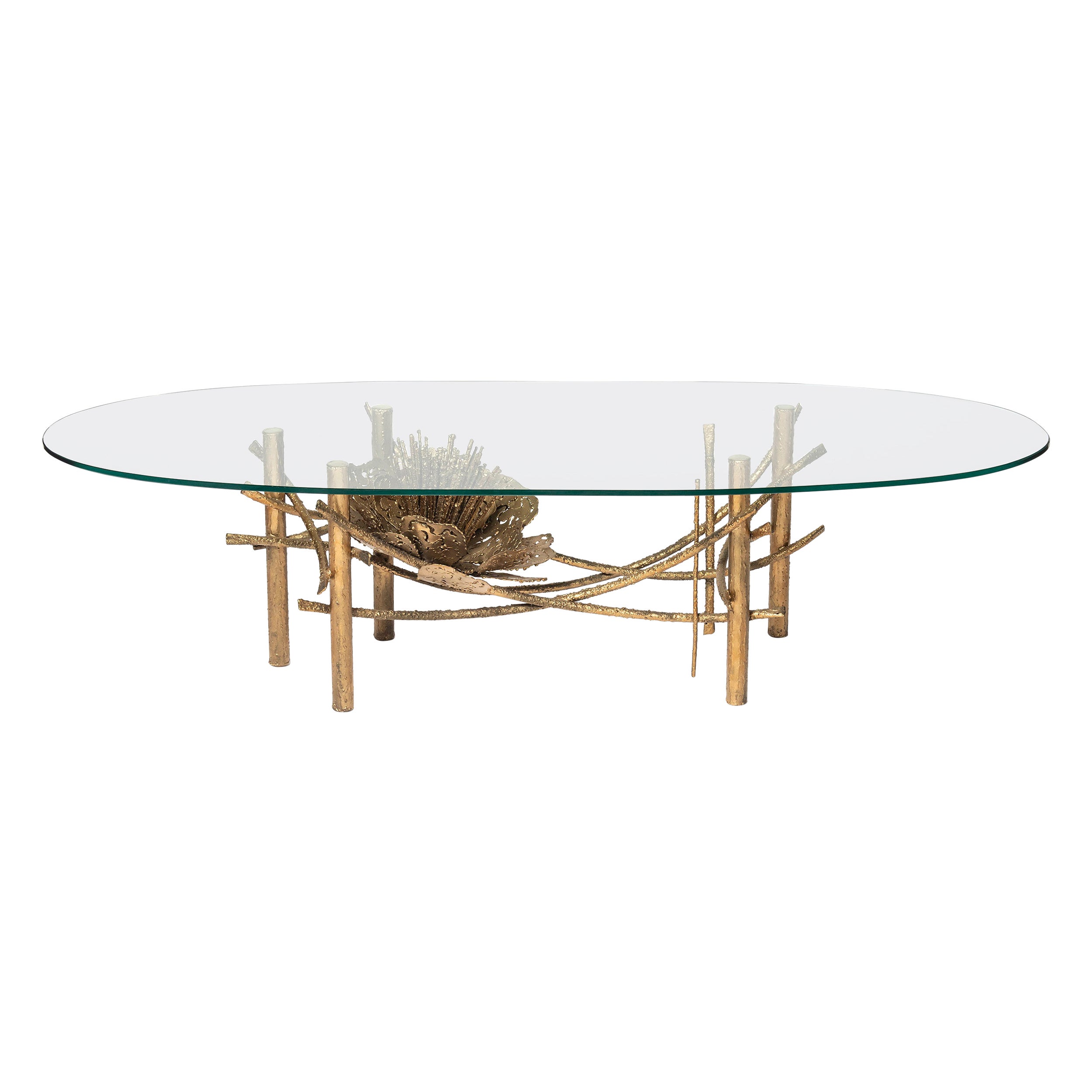 Mesa baja de hierro pintado y cristal Flor de loto de Curtis Jere, EE.UU., c. 1960