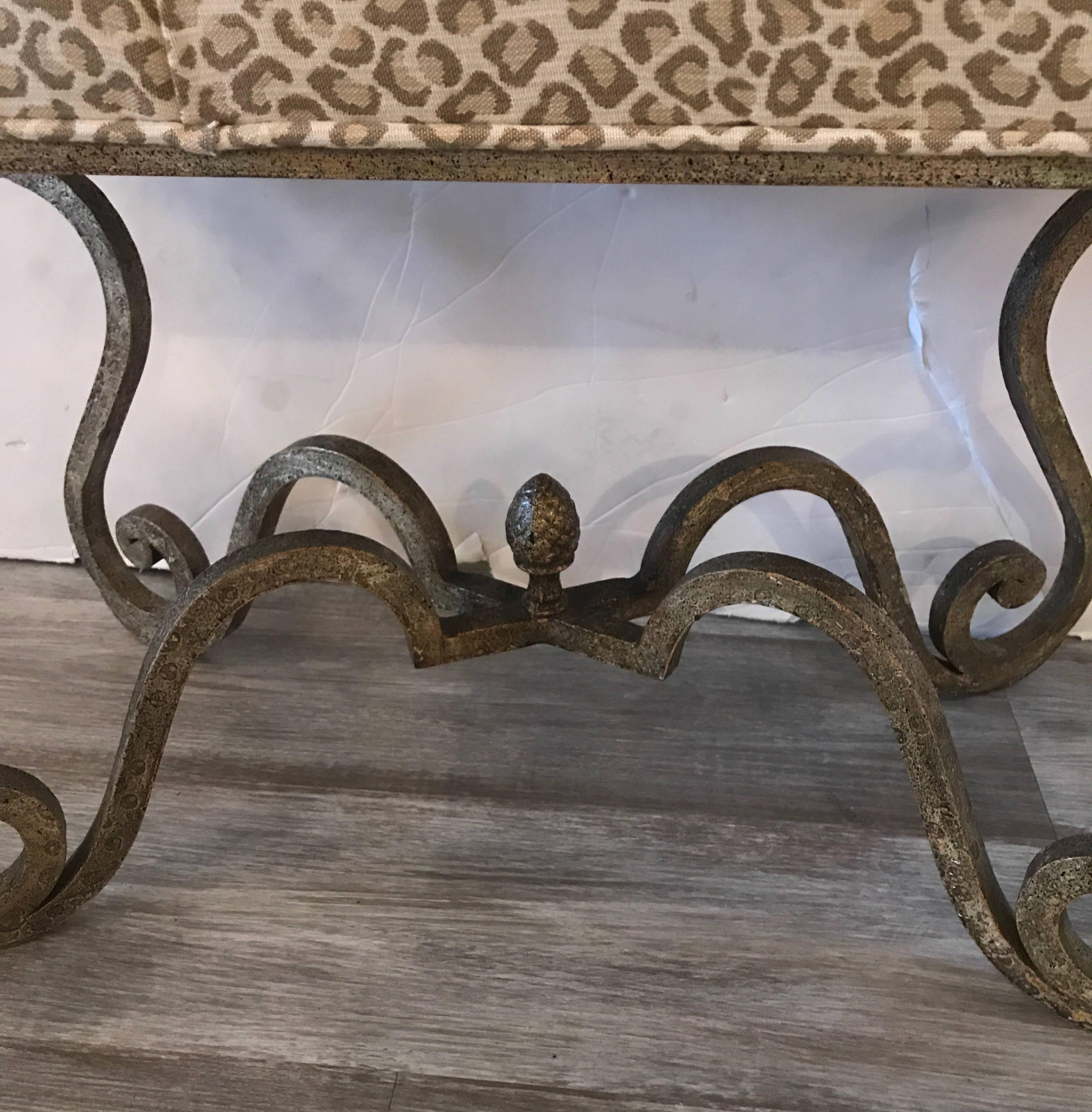 American Painted Iron Bench with Faux Cheetah Upholstrey
