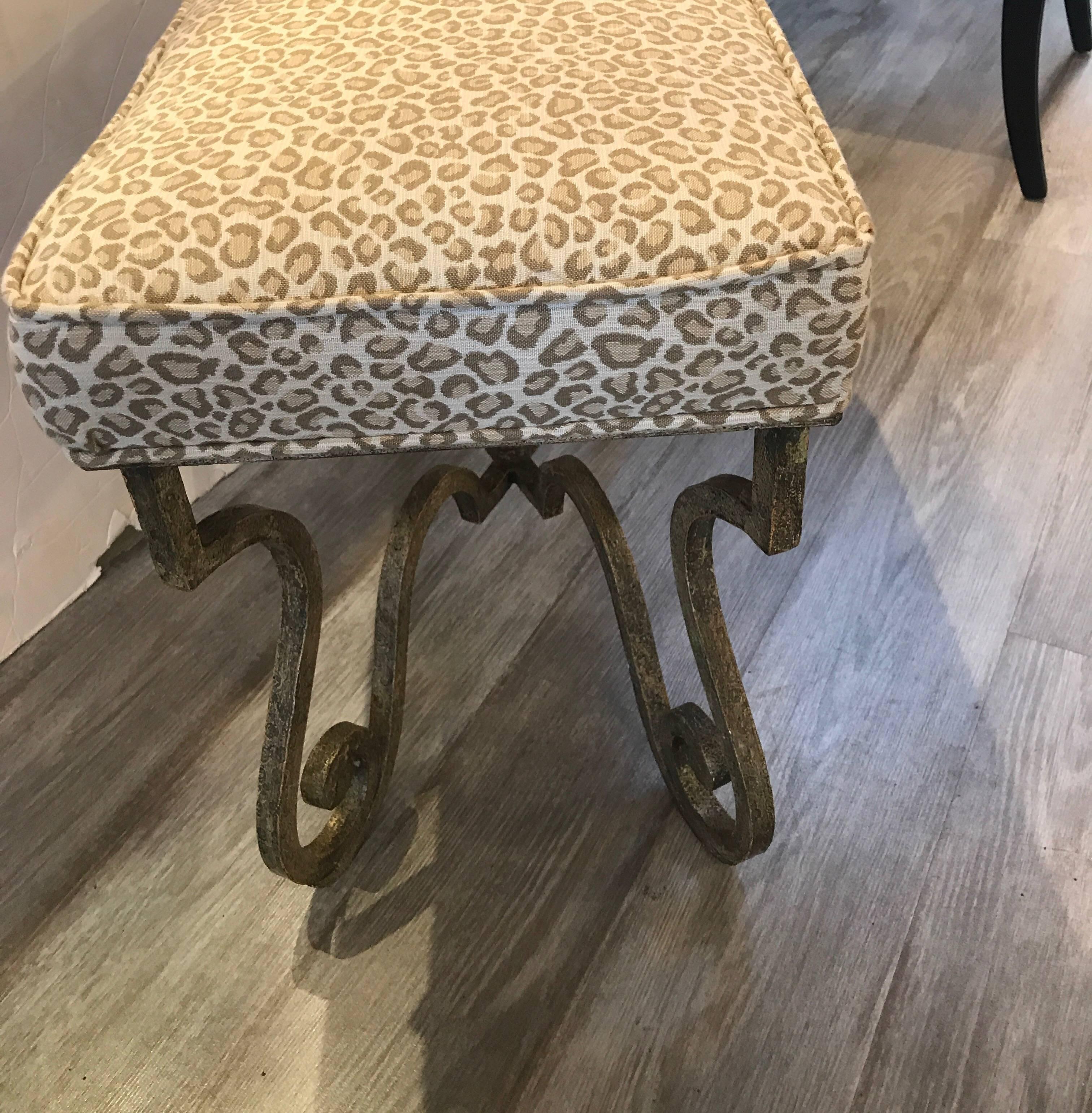 Painted Iron Bench with Faux Cheetah Upholstrey In Excellent Condition In Lambertville, NJ