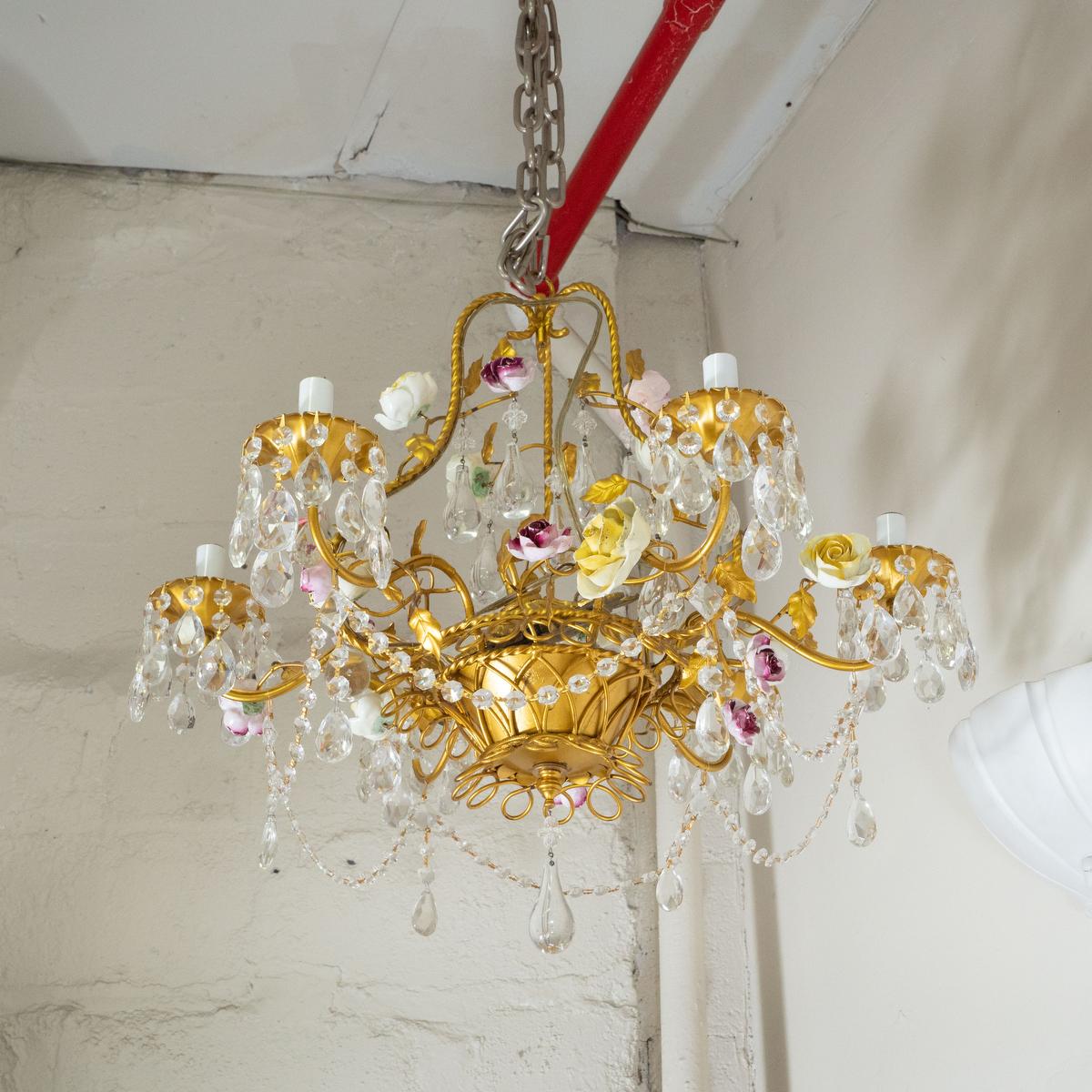 Italian Painted Iron Crystal Drop Chandelier For Sale