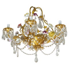 Vintage Painted Iron Crystal Drop Chandelier