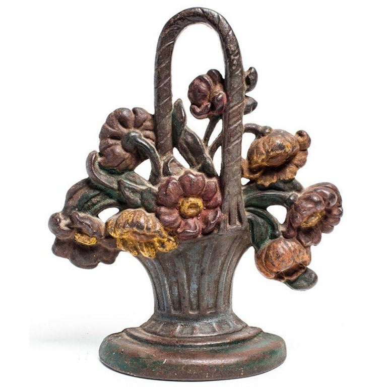 19th Century Painted Floral Bouquet Cast Iron Door Stop at 1stDibs