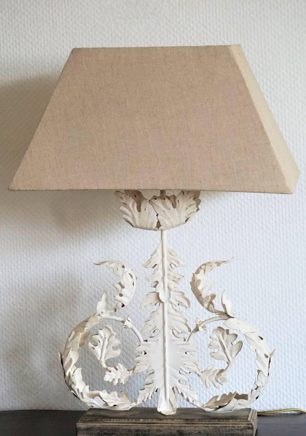 Mid-Century Modern Painted Iron Foliage Table Lamp with Linen Shade, 1970s