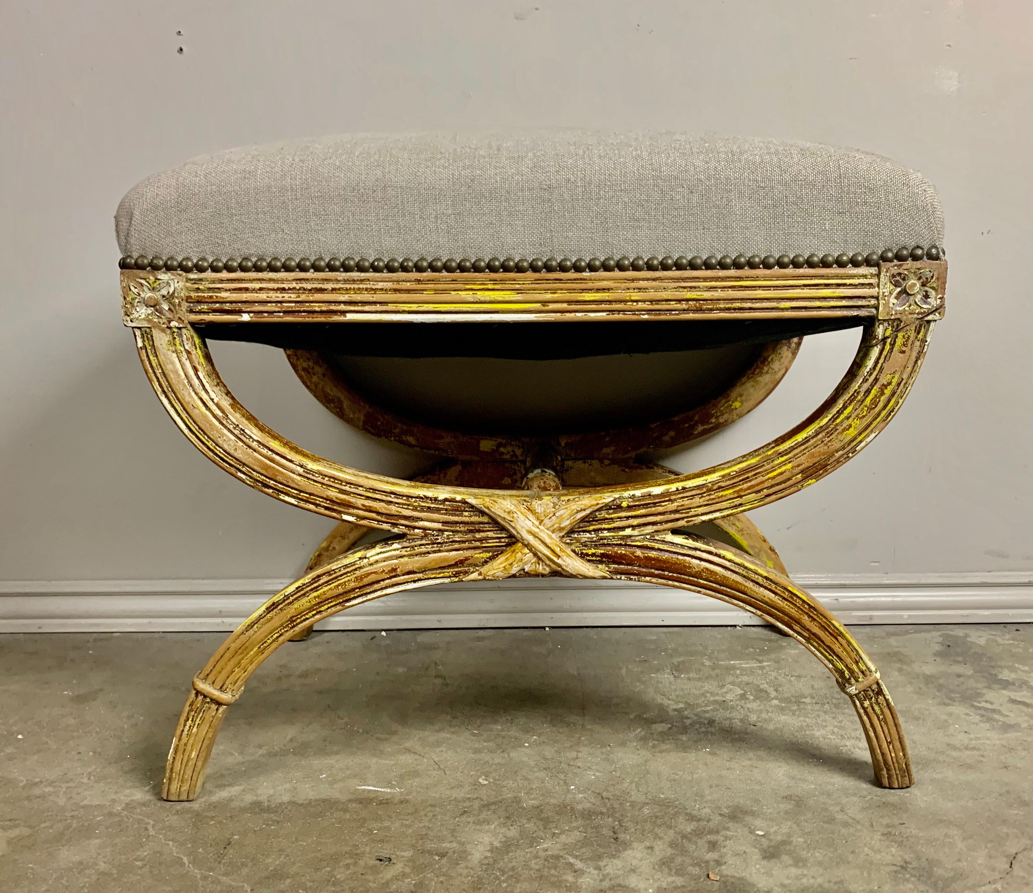 Hand-Painted Painted Italian Bench with Belgium Linen Upholstery