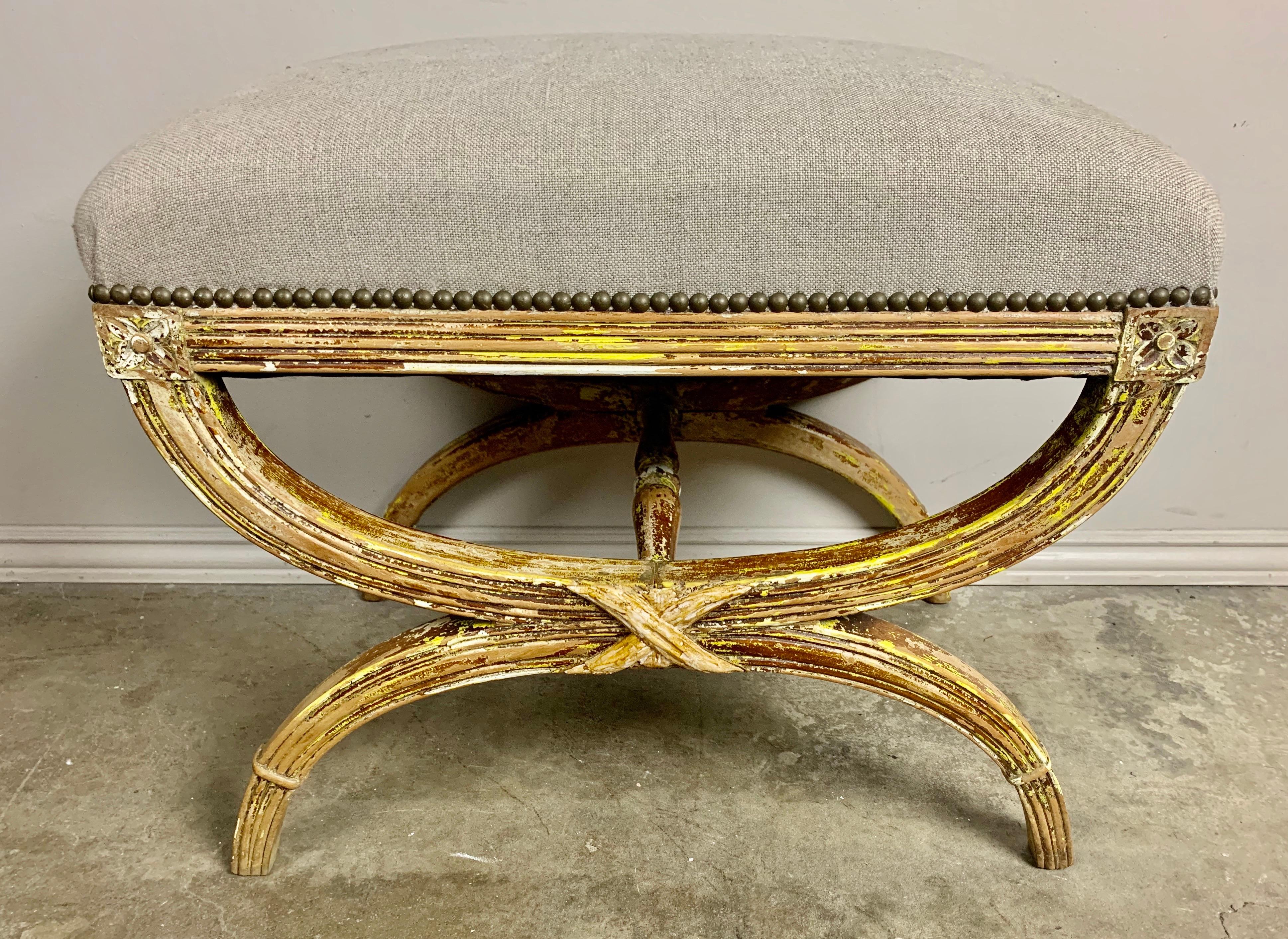 Early 20th Century Painted Italian Bench with Belgium Linen Upholstery