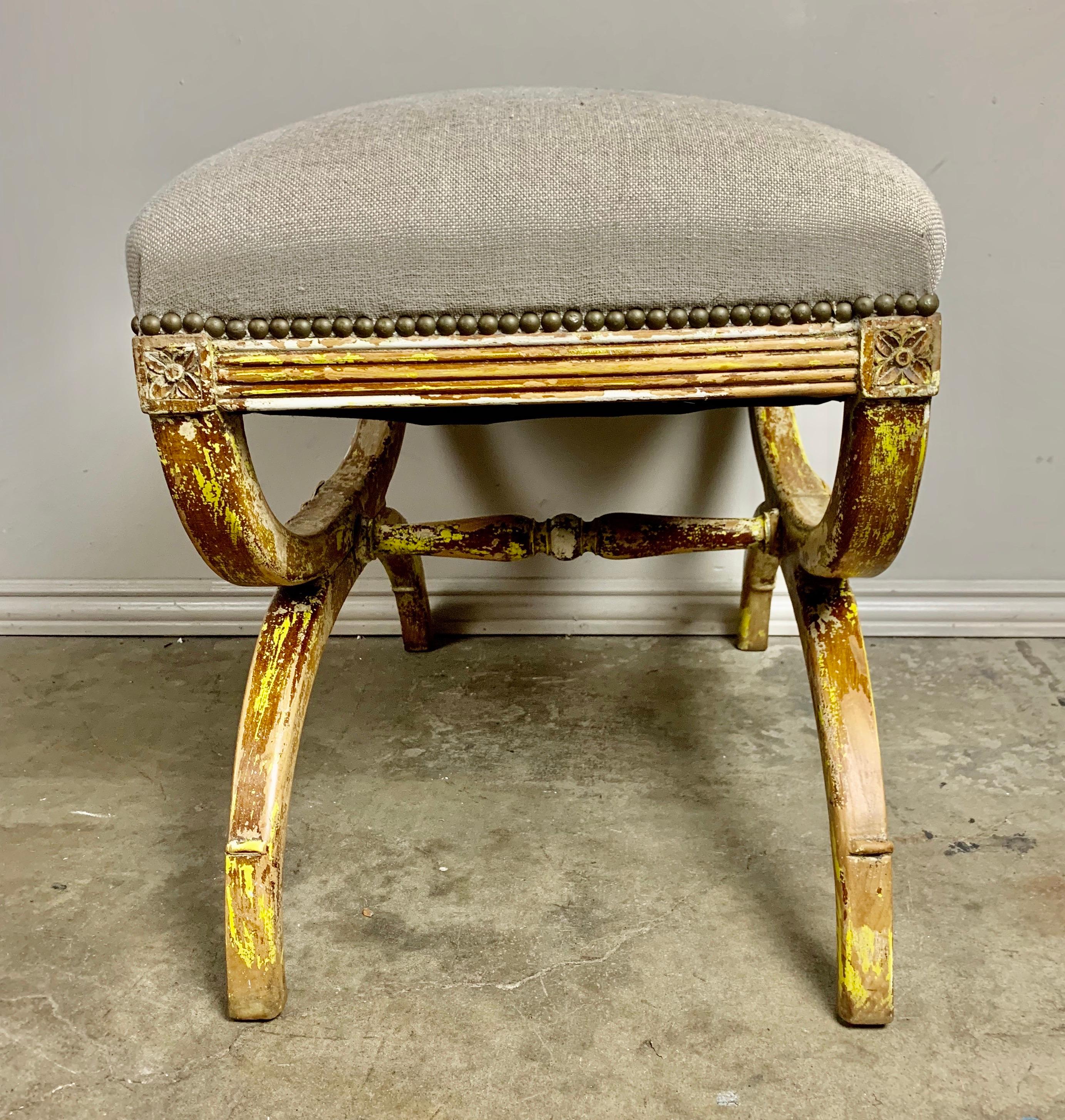 Painted Italian Bench with Belgium Linen Upholstery In Distressed Condition In Los Angeles, CA