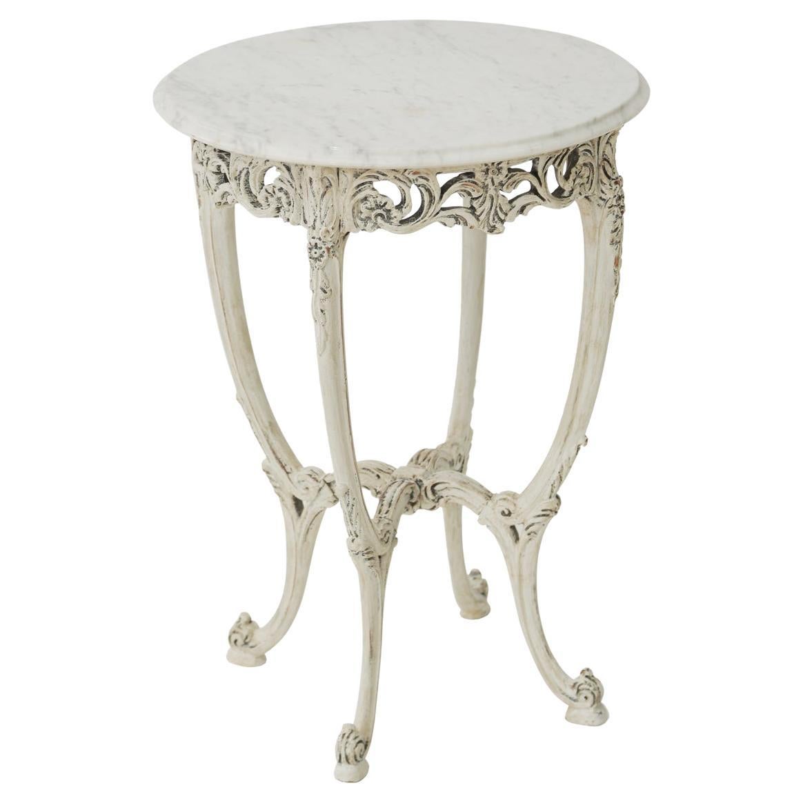 Romantic Rococo Antiqued White Round Accent Side Table 