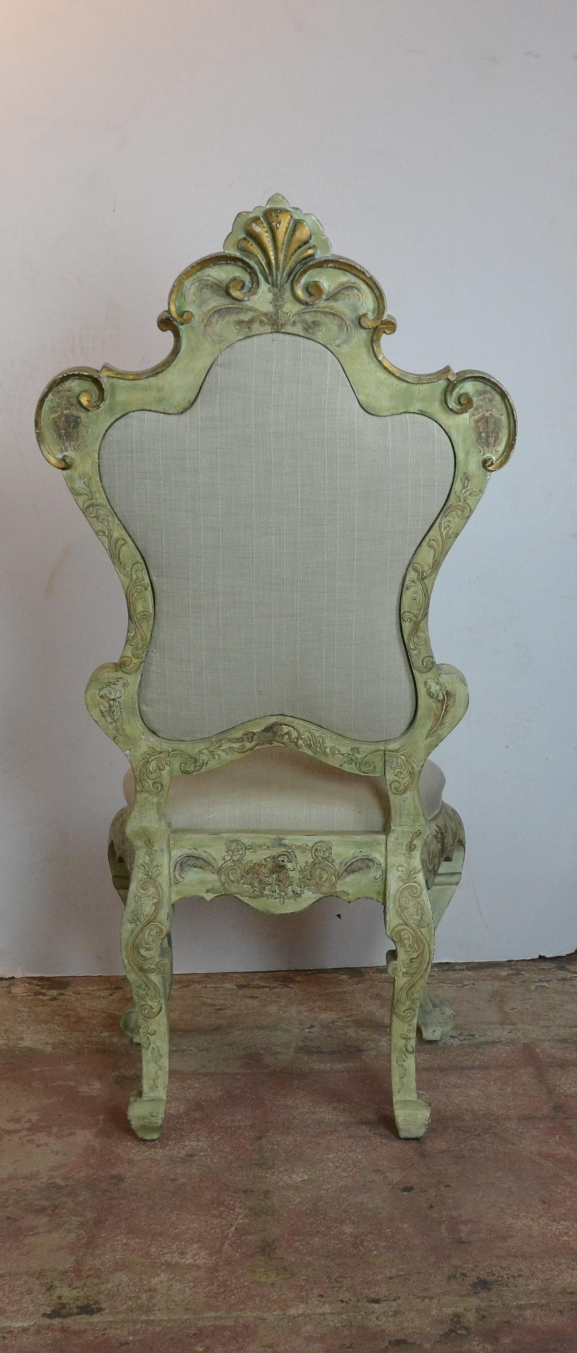 Pair of hand painted Italian chairs. Upholstered in linen.