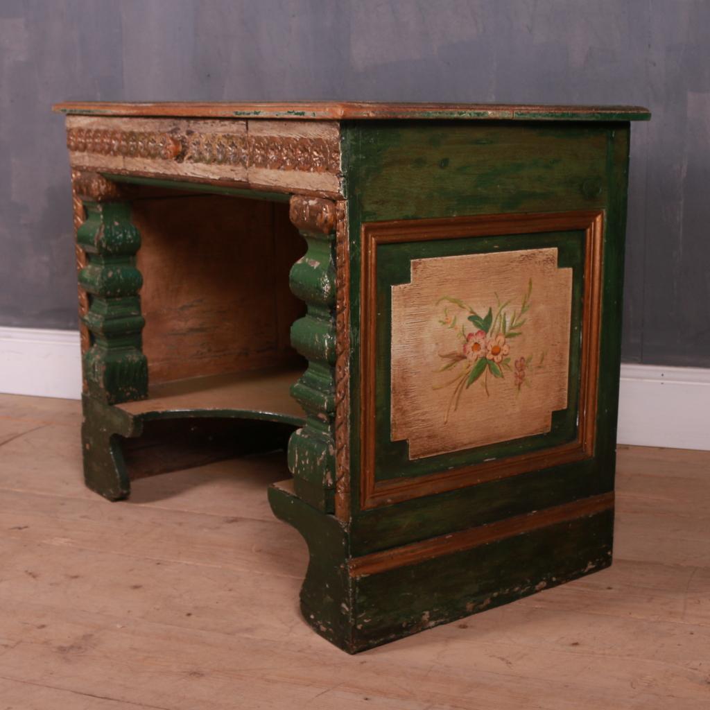 Unusual 19th c painted Italian console table/desk. 1860.

Dimensions
37 inches (94 cms) Wide
21.5 inches (55 cms) Deep
28.5 inches (72 cms) High.